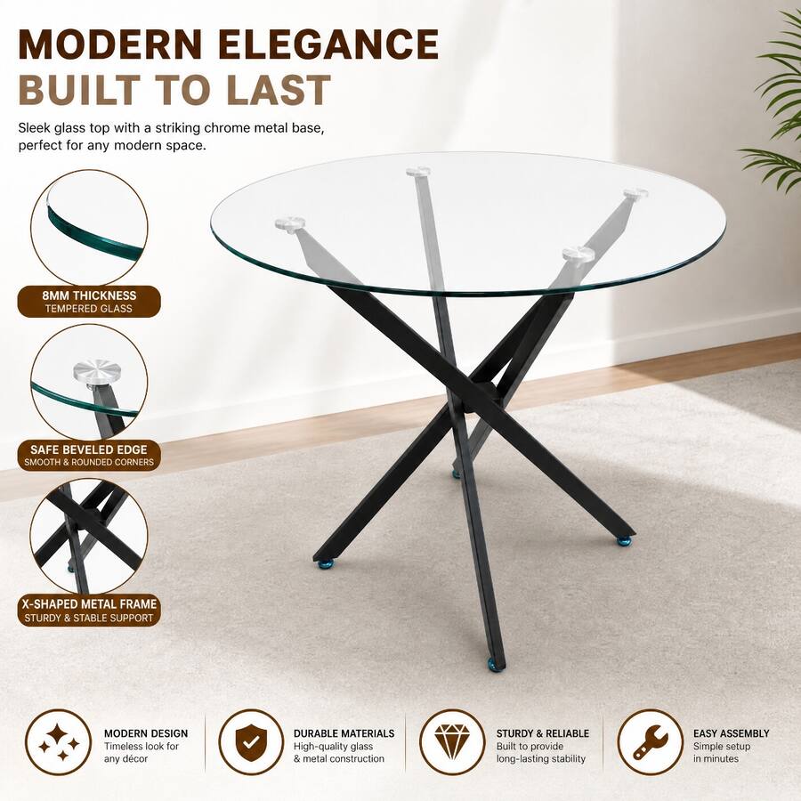 Long Tile With Rounded Edge Loheer Round Tempered Glass Dining Table with Black Metal Frame, 35.43 ...