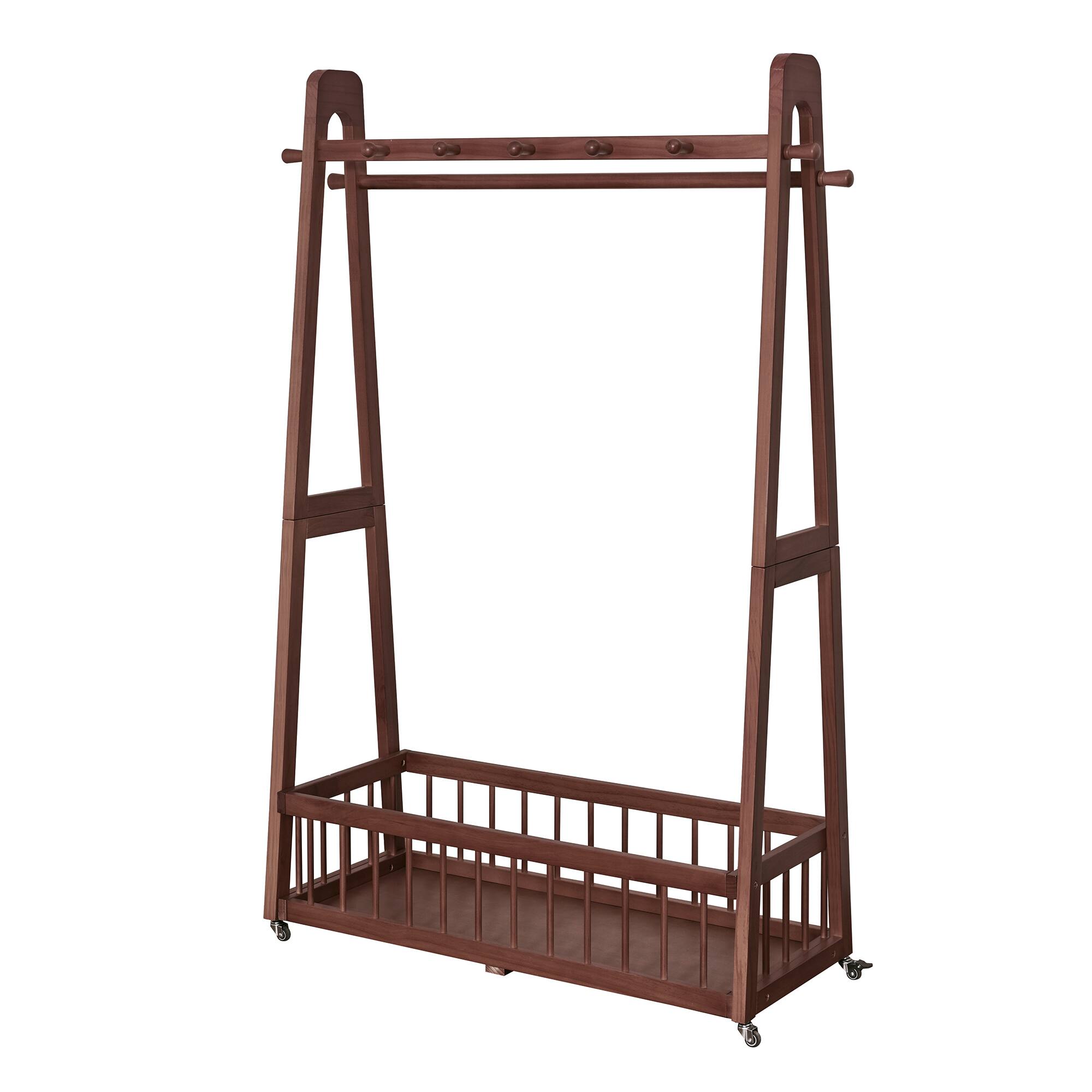 Alt View 2. LUCKY ONE - Solid Wood Freestanding Clothing Garment Rack with Lockable Wheels - Walnut.
