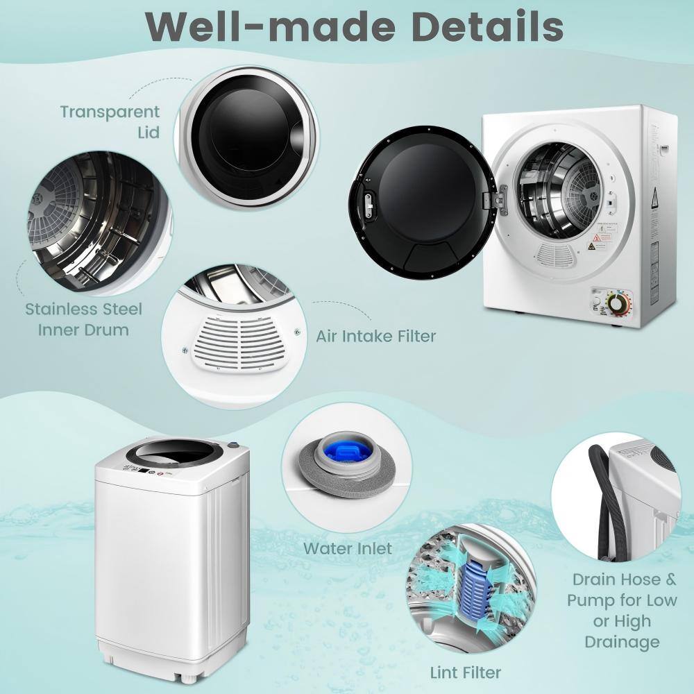 Well-made Details

- Transparent Lid
- Stainless Steel Inner Drum
- Air Intake Filter
- Water Inlet
- Lint Filter
- Drain Hose & Pump for Low or High Drainage