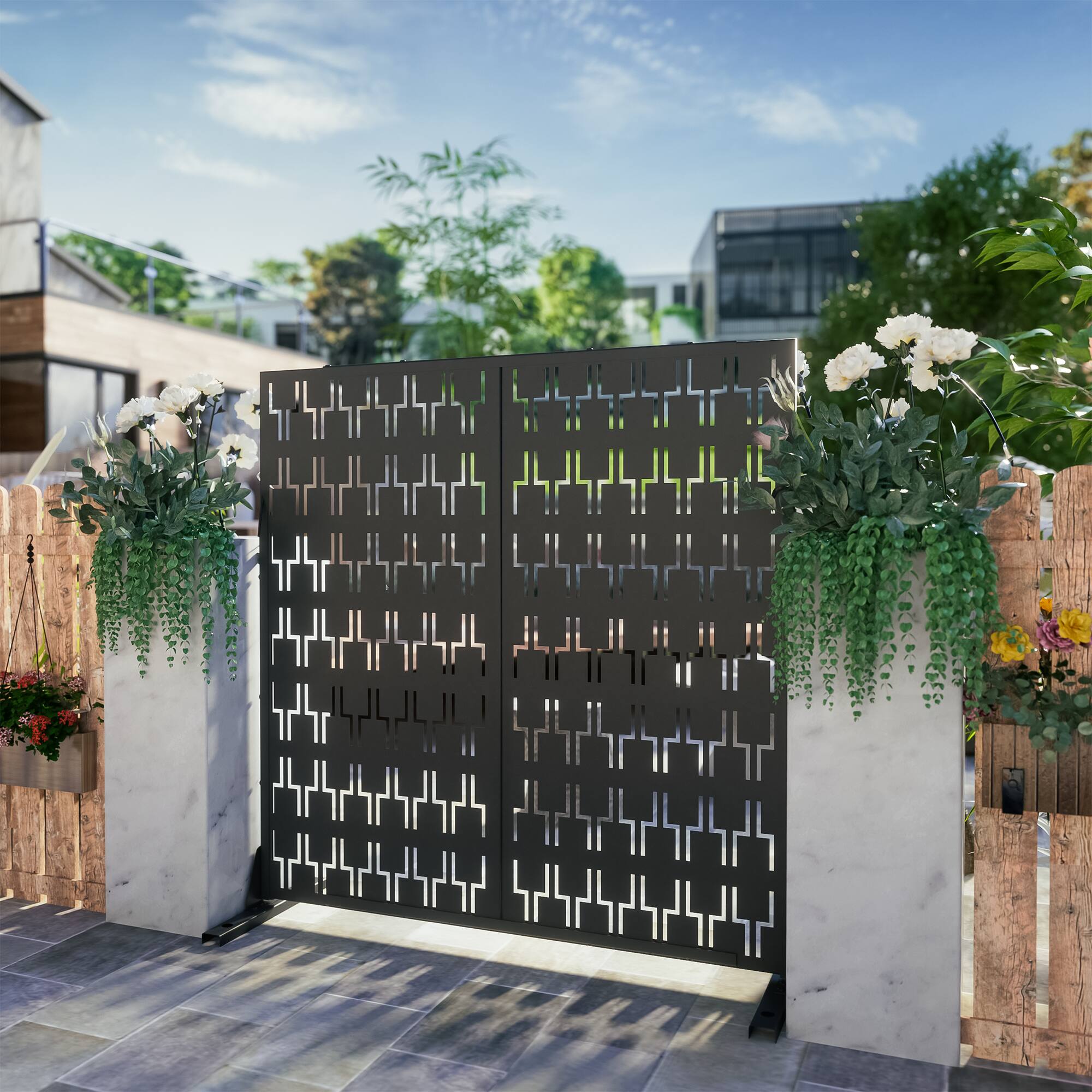 Alt View 1. PexFix - 72 in. x 47 in. Brick Pattern Metal Outdoor Privacy Screen & Panels, Freestanding Garden Divider Fence - Black.