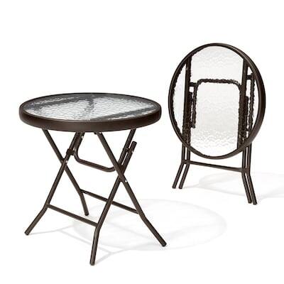 Back. Crestlive Products - Crestlive Products 18in Foldable Glass Top Outdoor Steel Frame Side Round Outdoor End Table 17.72inWx17.72inL - Brown.