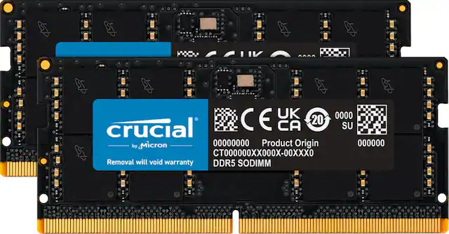 The largest text reads "crucial." The following text is "Micron 00000000 Product Origin 000000 CT000000XX000X-00XXX0 Removal will void warranty DDR5 SODIMM."