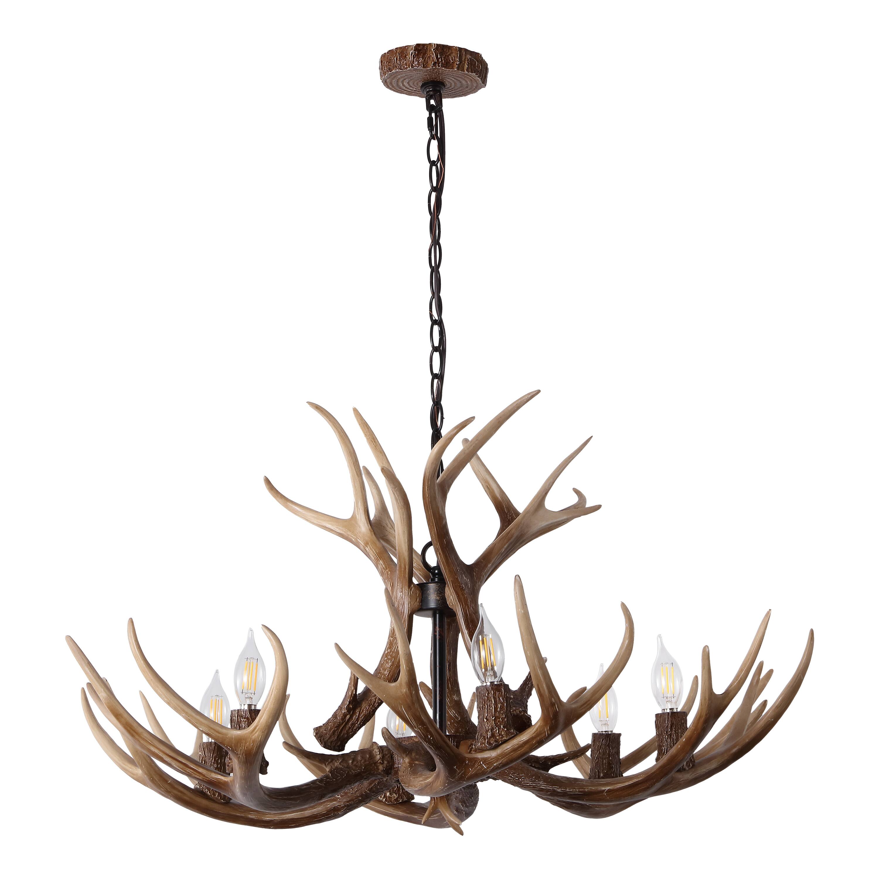 Alt View 7. Jonathan Y - Eldora 33" 6-Light Rustic Farmhouse Adjustable Resin Antler LED Chandelier, Brown - Brown.