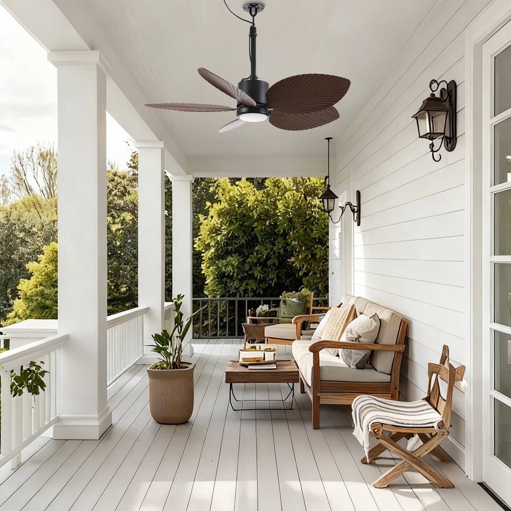 Back. Parrot Uncle - 42" Tropical Style Black Waterproof Outdoor Gazebo LED Ceiling Fan with Light, Hook Downrod and Tropical Palm Leaf - Black.