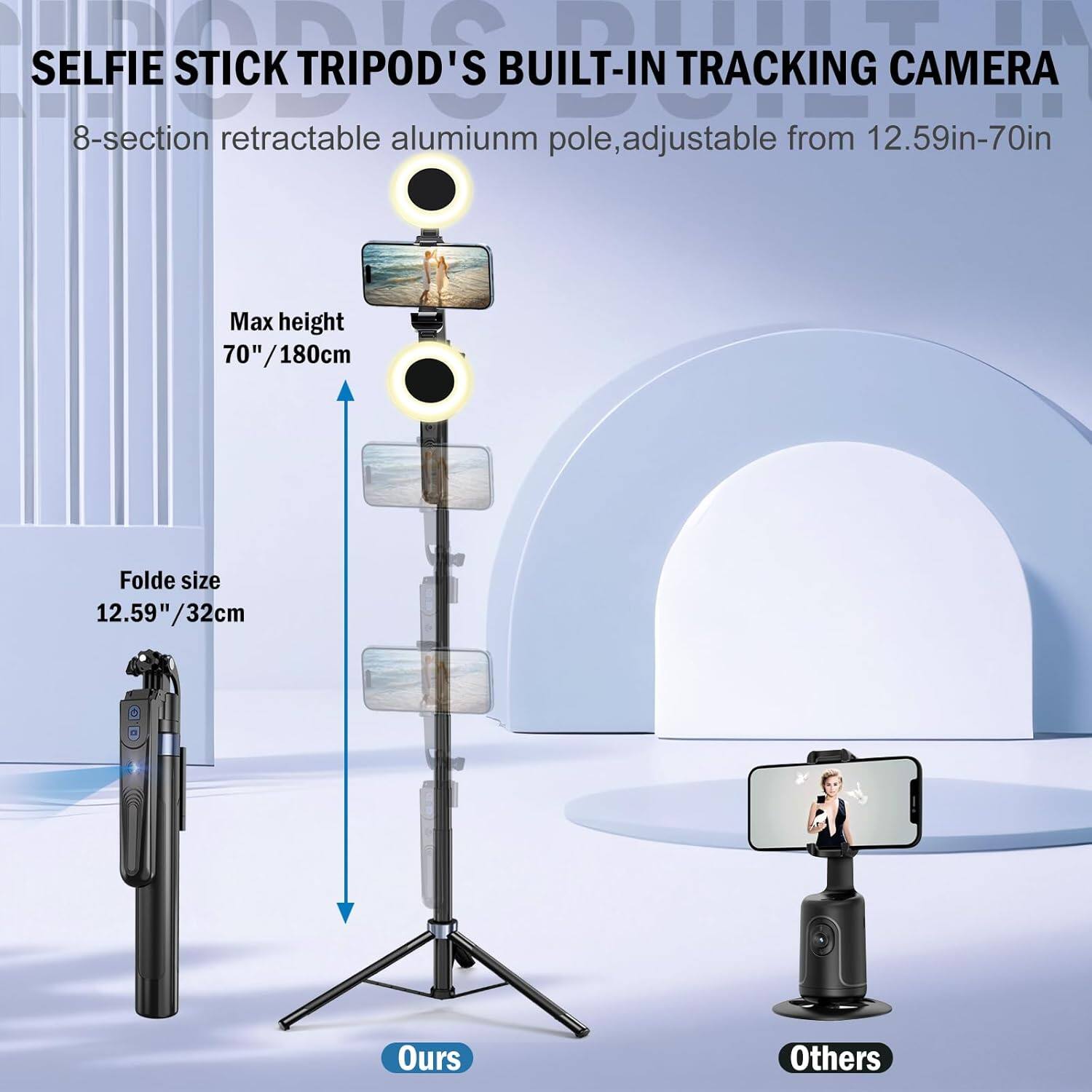 SELFIE STICK TRIPOD'S BUILT-IN TRACKING CAMERA

8-section retractable aluminum pole, adjustable from 12.59in-70in

Max height 70"/180cm

Folded size 12.59"/32cm

Ours

Others