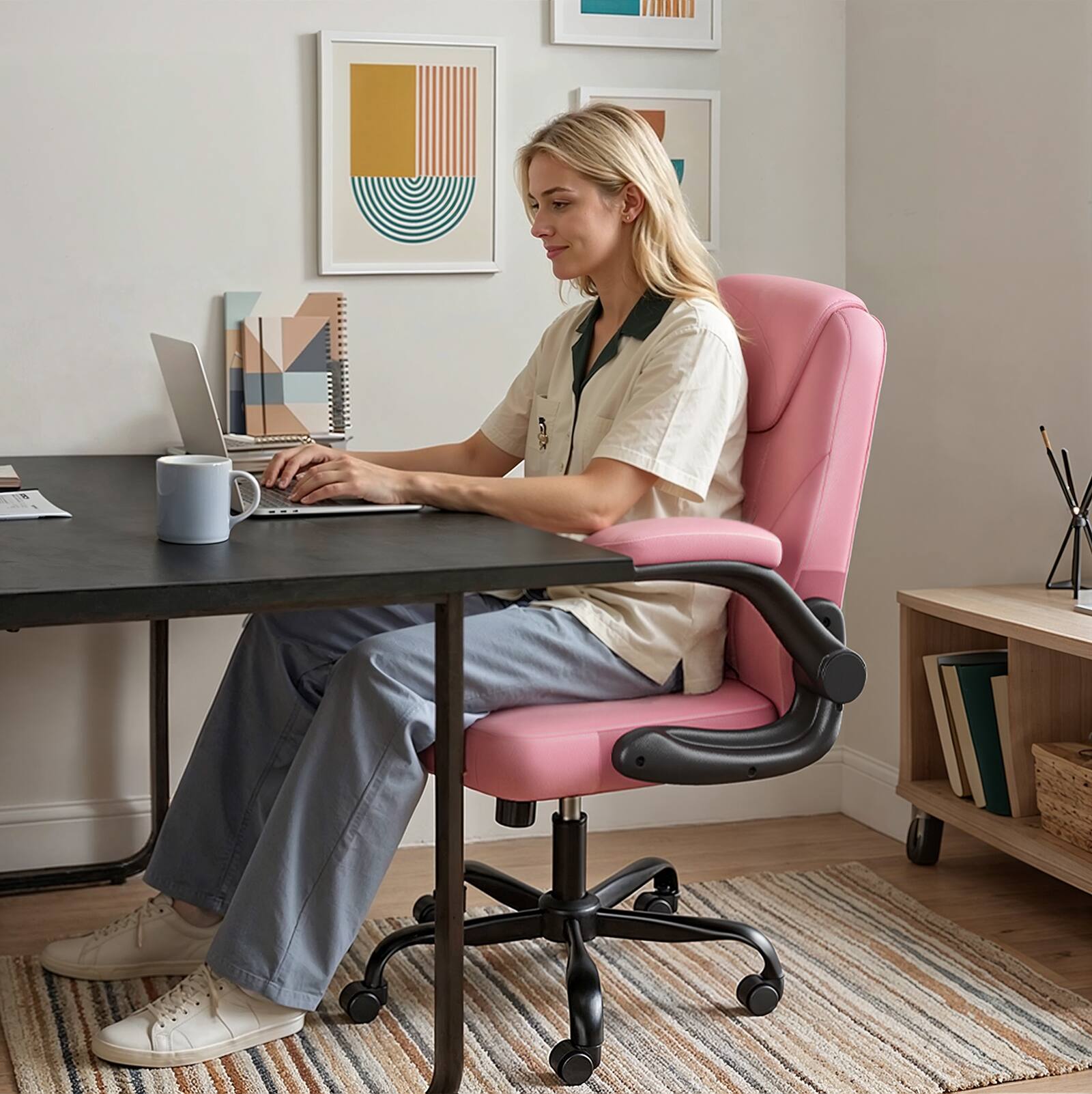 Angle. Pinmoco - Ergonomic PU Leather Office Chair, Executive Computer Desk Chair - Pink.