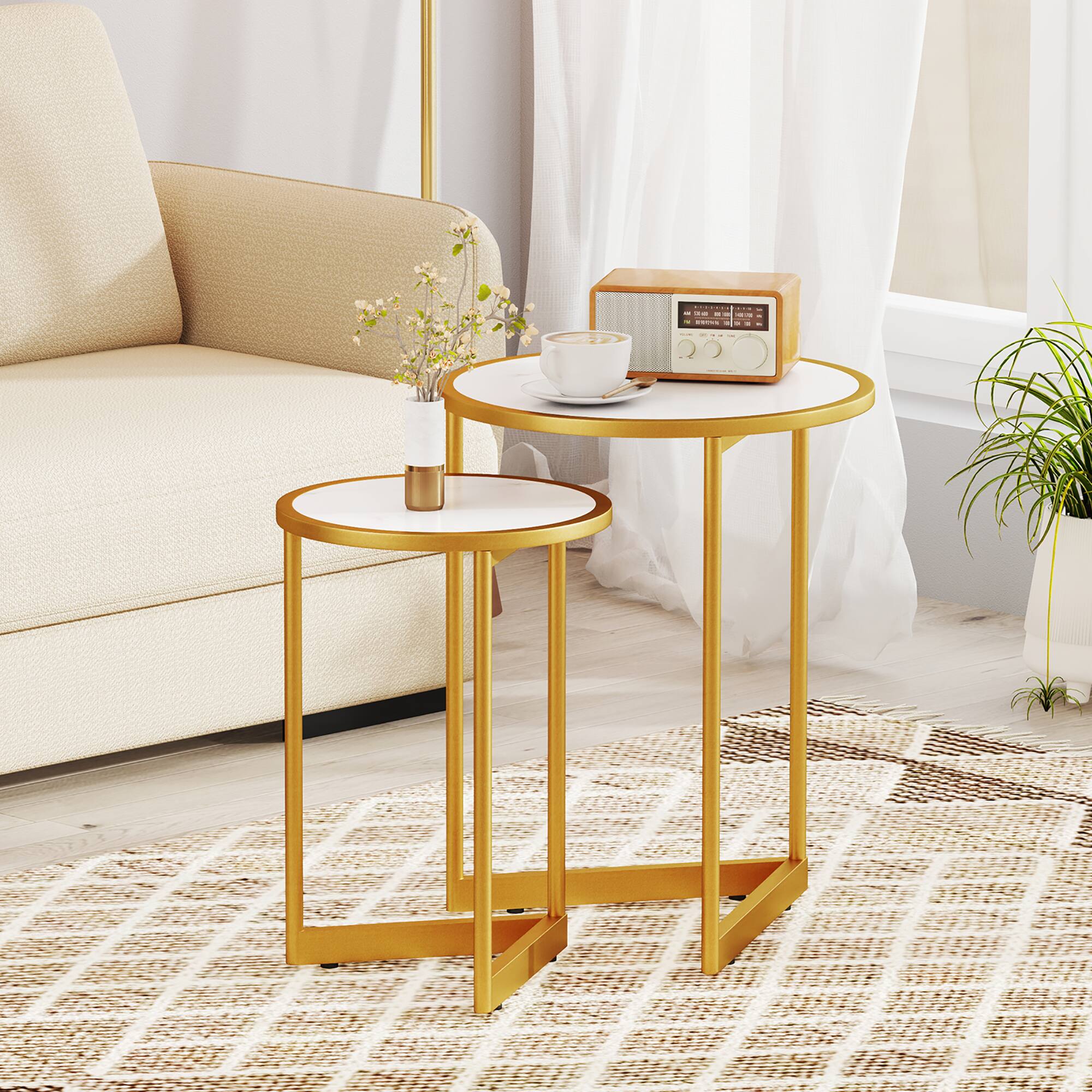Alt View 1. Gymax - Gymax Round Nesting Side Table Set of 2 Stacking Coffee Tables w/ Faux Marble Tabletop - White + Gold.