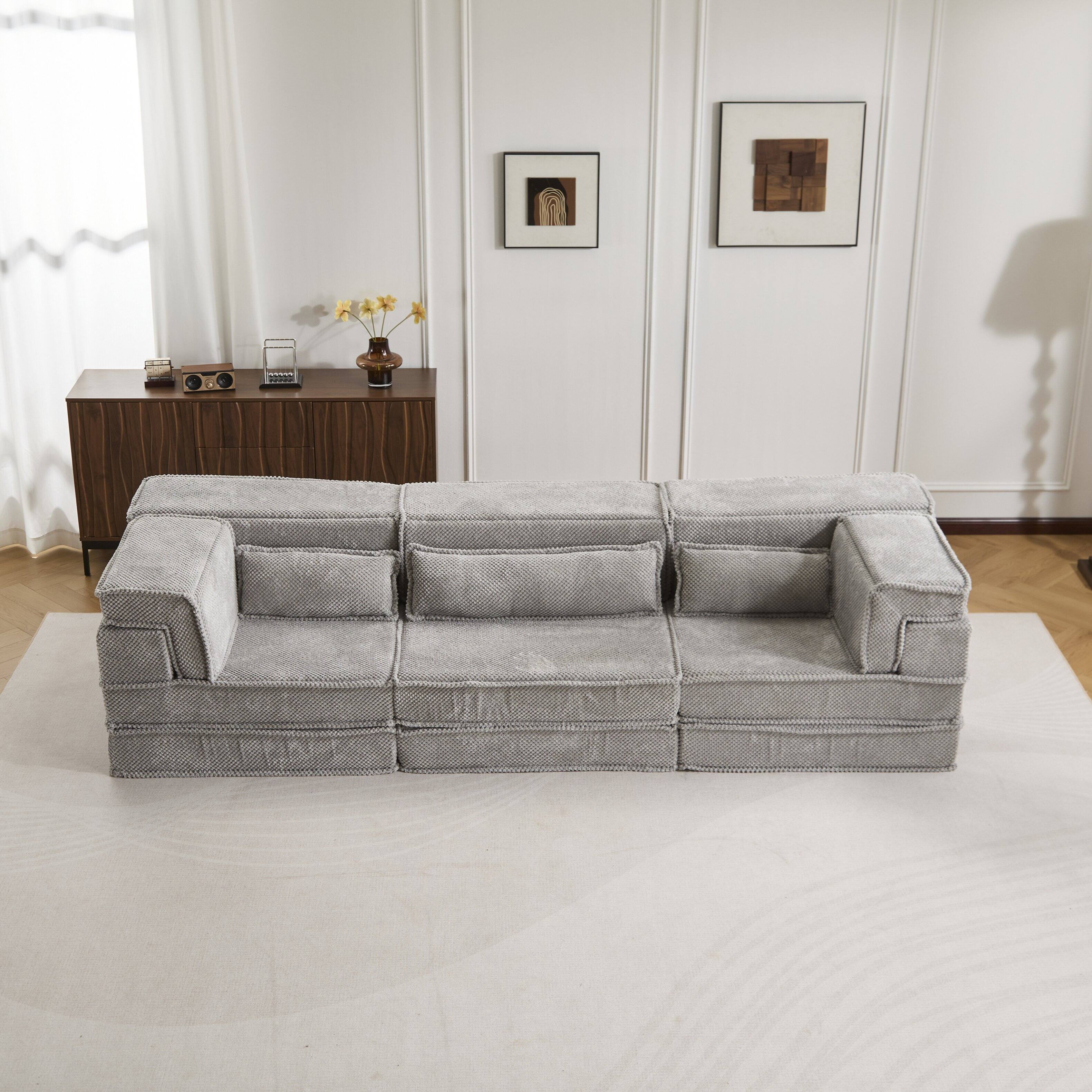 Angle. Whisen - 3-Seater Modular Mahjong Sofa Bed, Circle Fleece Fabric Convertible Floor Sectional, No Assembly Required - Light Gray.