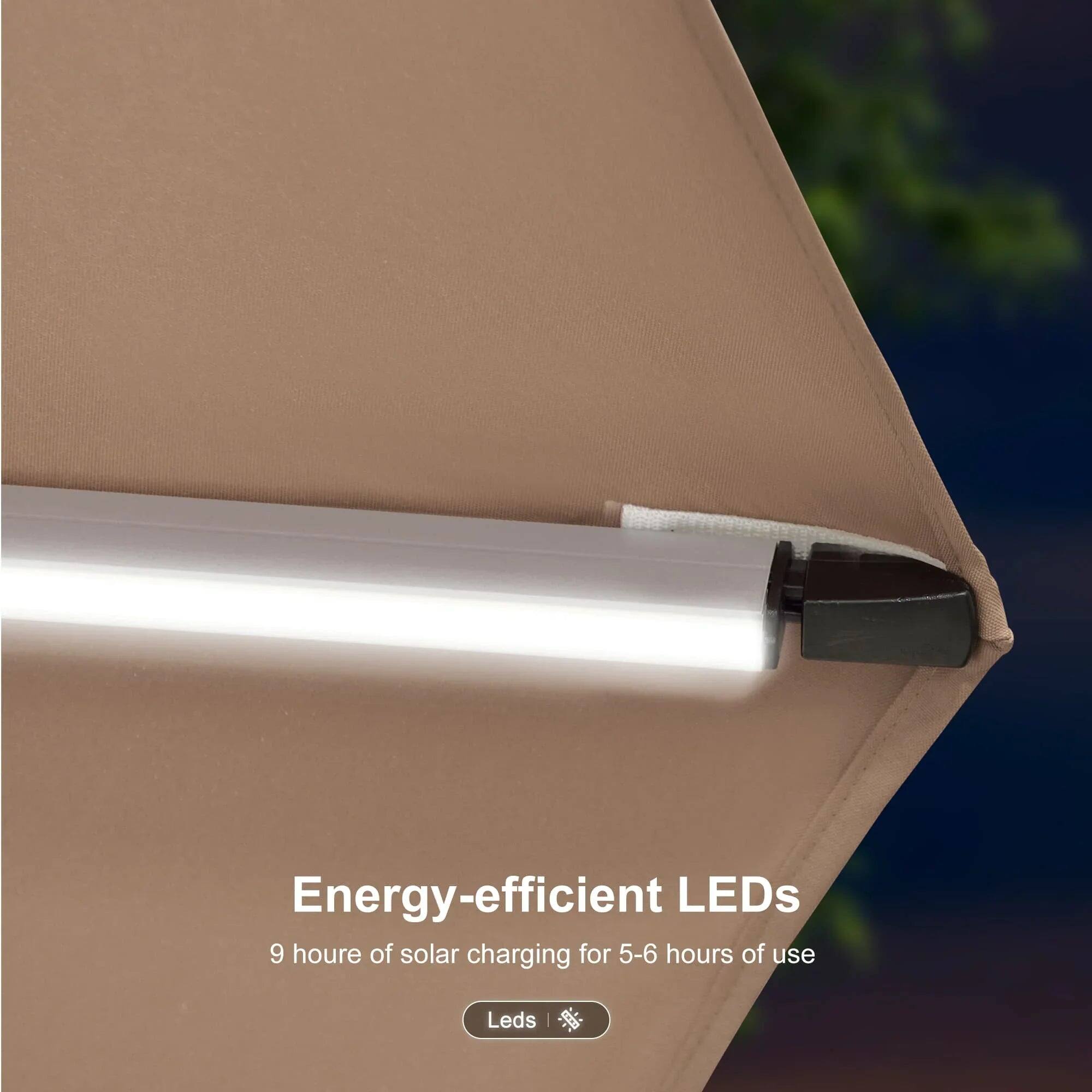 Energy-efficient LEDs  
9 hours of solar charging for 5-6 hours of use  
Leds