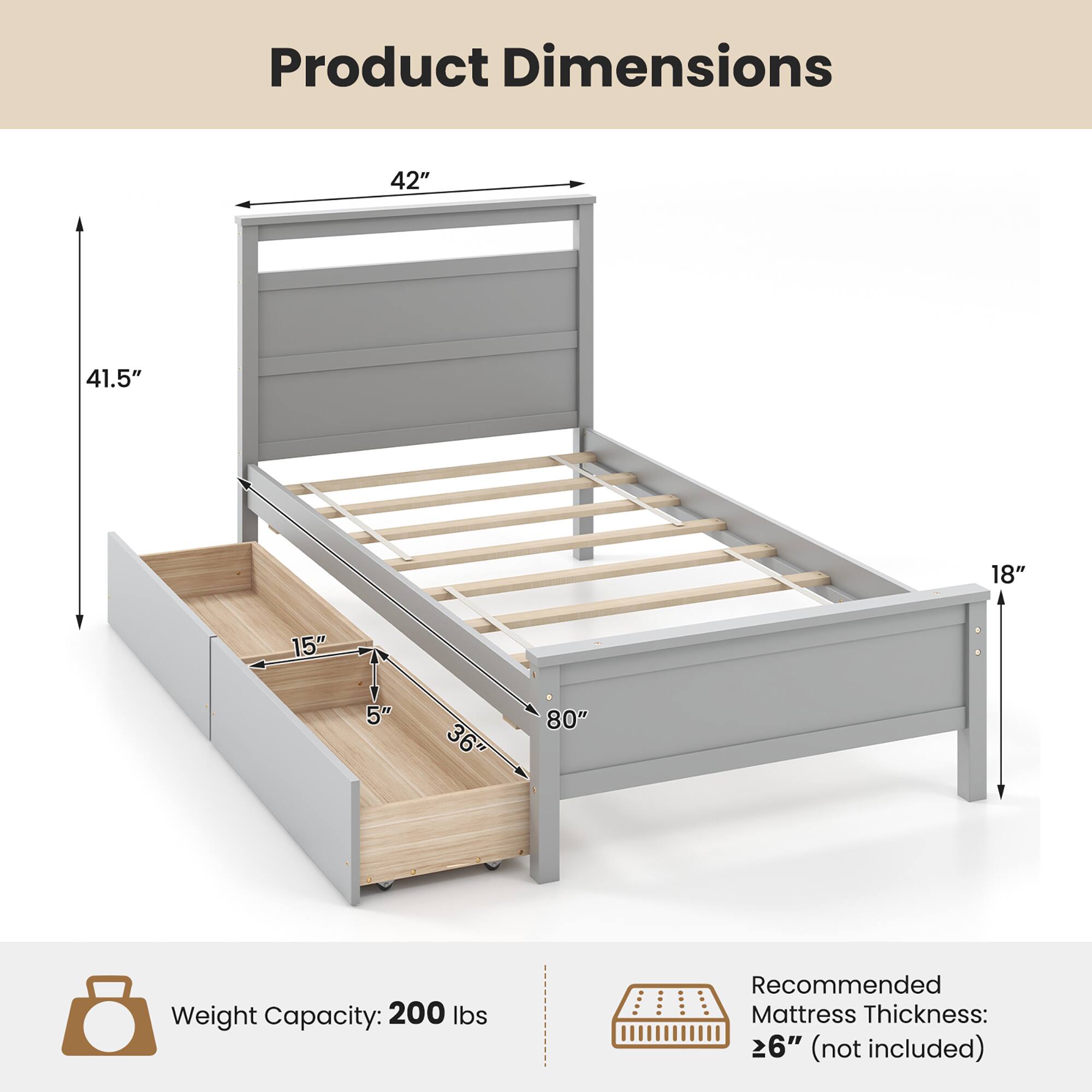 Product Dimensions

- 42"
- 41.5"
- 18"
- 15"
- 5"
- 36"
- 80"

Weight Capacity: 200 lbs

Recommended Mattress Thickness: 26" (not included)