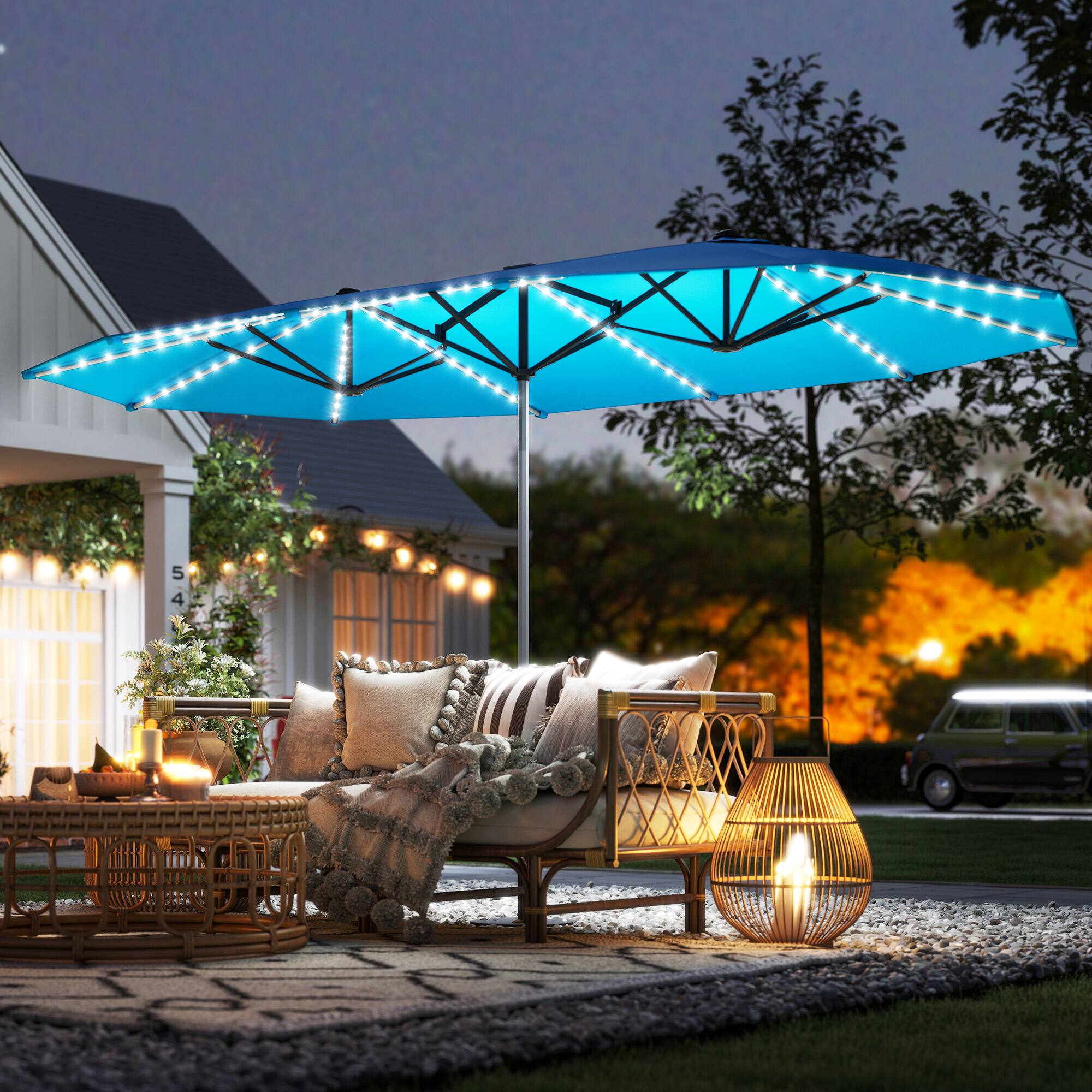 Alt View 1. Outsunny - Double-Sided Outdoor Umbrella with Solar Lights - Blue.