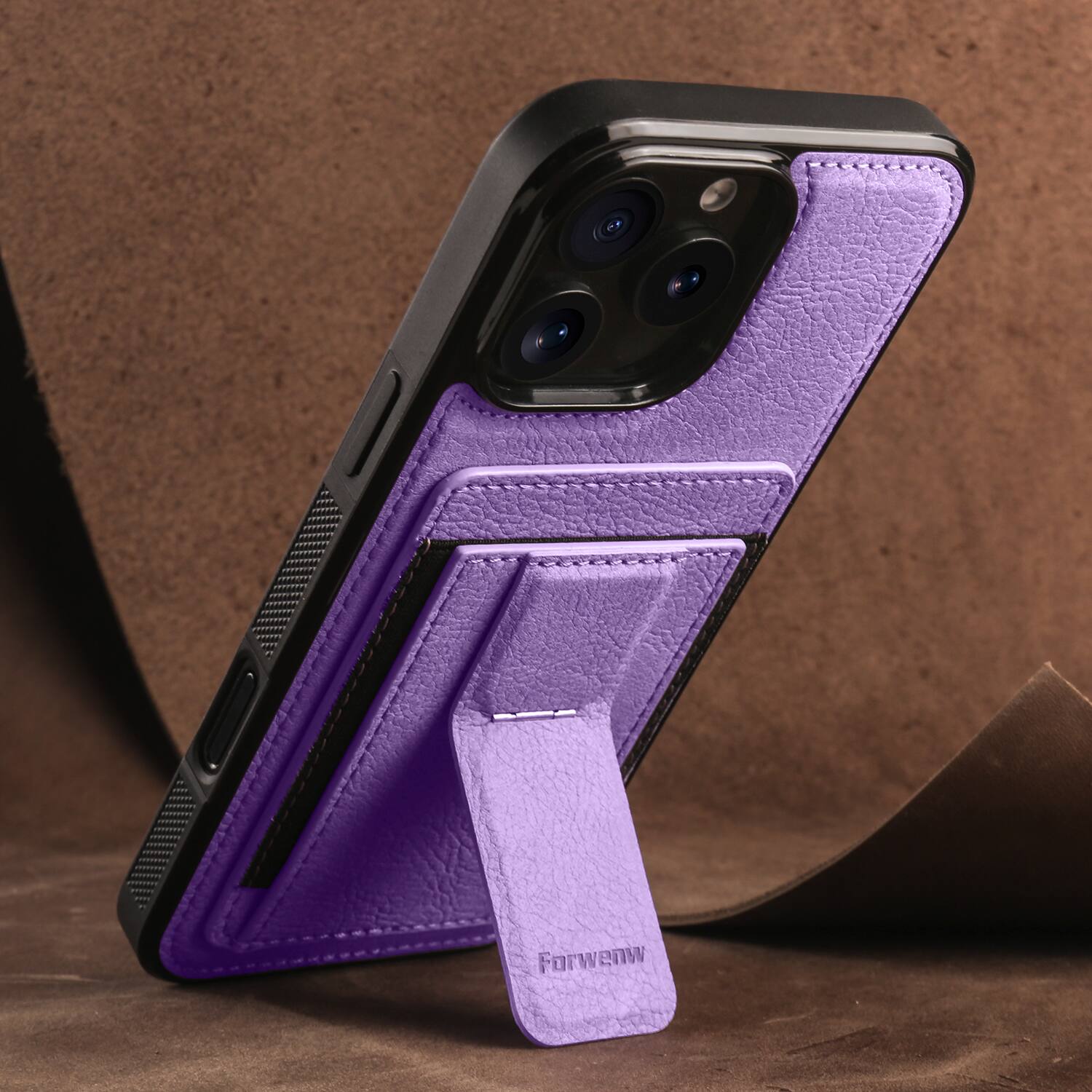 Left. Dteck - Slim Card Holder Case for Apple iPhone 16 Pro, Shockproof Wallet Protective Cover with Kickstand - Purple.