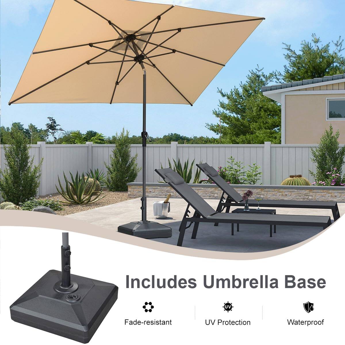 Includes Umbrella Base  
Fade-resistant  
UV Protection  
Waterproof