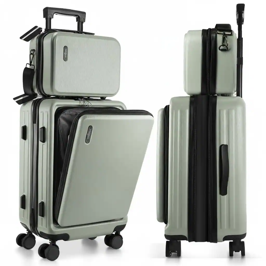 Front. DORLUKFU - 22 Inch Carry On Luggage 22x14x9 Airline Approved, Small Carry On Suitcase, Hard-shell Carry-on Luggage with Wheels, - Sage Green.