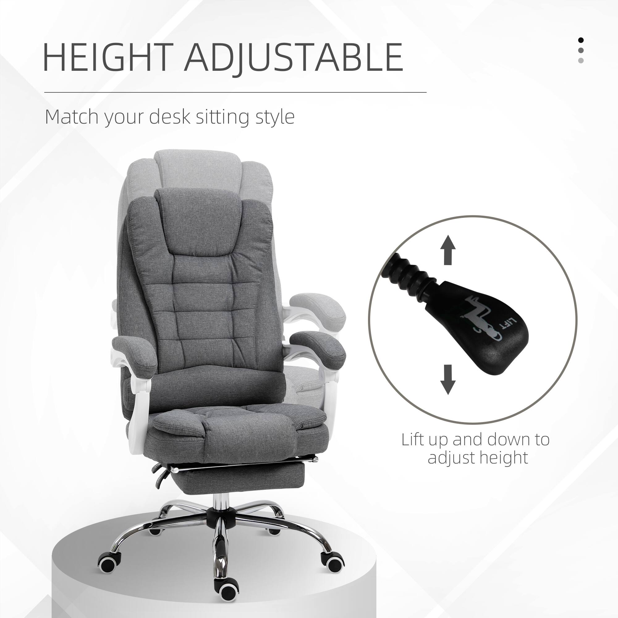 HEIGHT ADJUSTABLE : Match your desk sitting style

LIFT

Lift up and down to adjust height