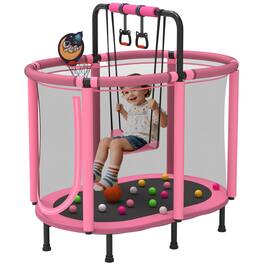 Segmart - Toddler Trampoline with Enclosure Net, 60" Kids Trampoline with Basketball Hoop and Ocean Balls, Gift for Boys Girls - Pink