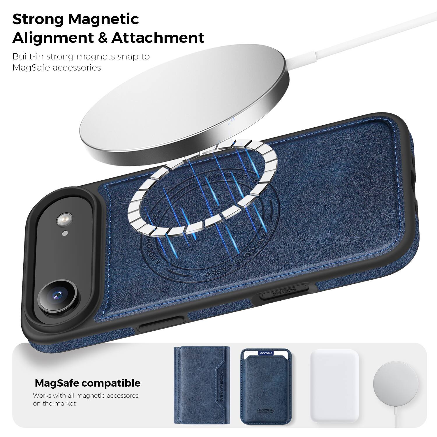 Strong Magnetic Alignment & Attachment  
Built-in strong magnets snap to MagSafe accessories  

MagSafe compatible  
Works with all magnetic accessories on the market  

MOCOME CASE# ANaG