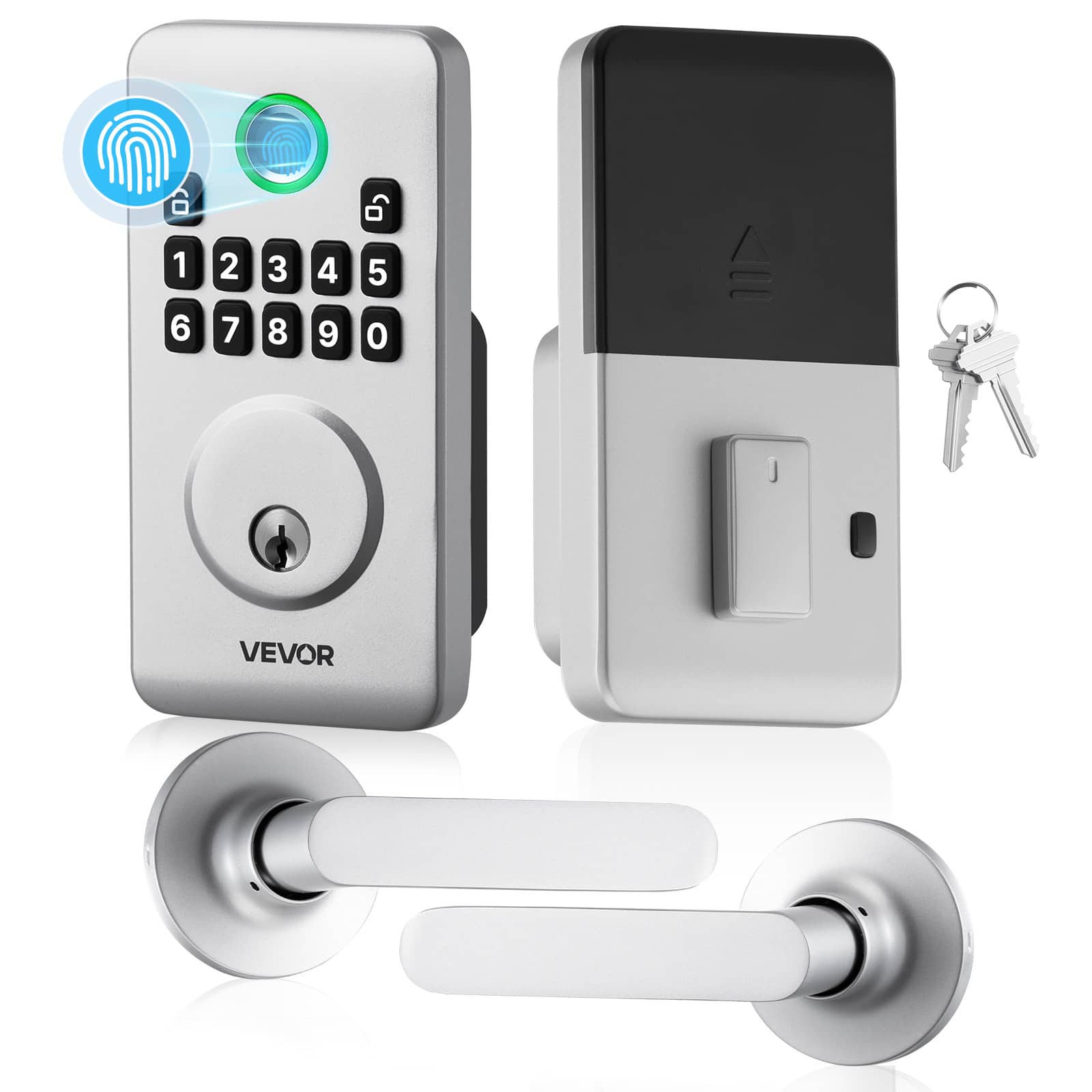 VEVOR - Fingerprint Door Lock Set, Electronic Biometric Deadbolt Keyless Entry Door Lock with Handle, Anti-Peeking Password - Silver