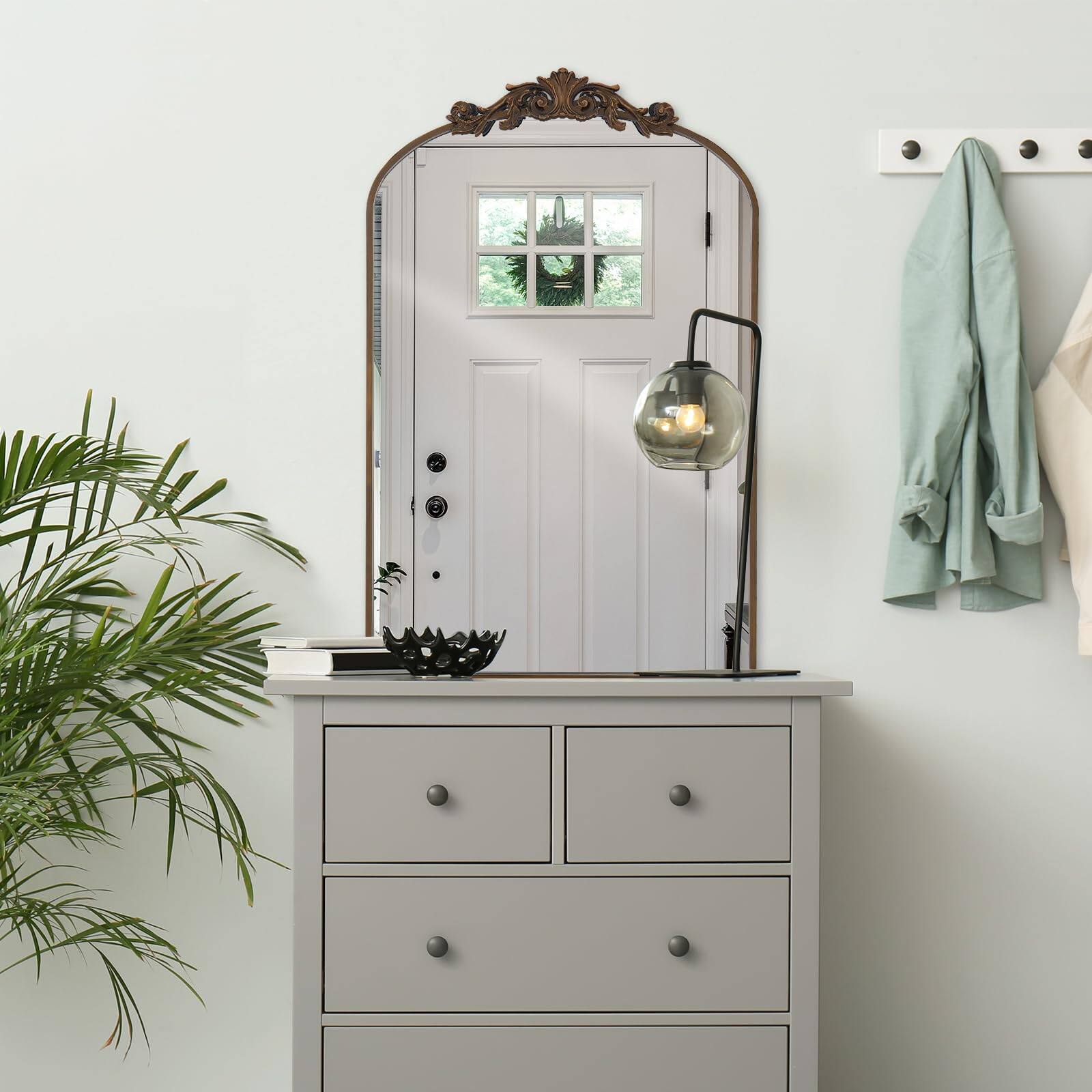 Alt View 2. Comfort Essence - Filigree Arched Wall Mirror 26"x38" Retro Wall-mounted With Vintage Ornate Carved Applique Hanging Leanin... - Gold-38"L x 26"W.