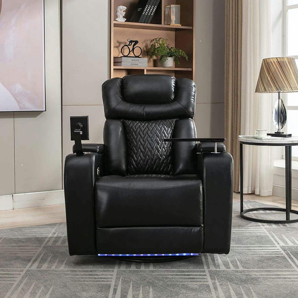 Kadyn - 270° Swivel PU Leather Power Home Theater Recliner with Tray Table, Phone Holder, Cup Holder, USB Port & Arm Storage - Black