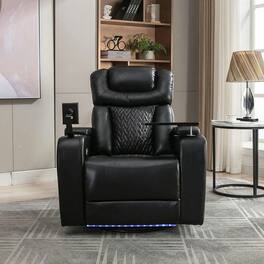 Kadyn - 270° Swivel PU Leather Power Home Theater Recliner with Tray Table, Phone Holder, Cup Holder, USB Port & Arm Storage - Black