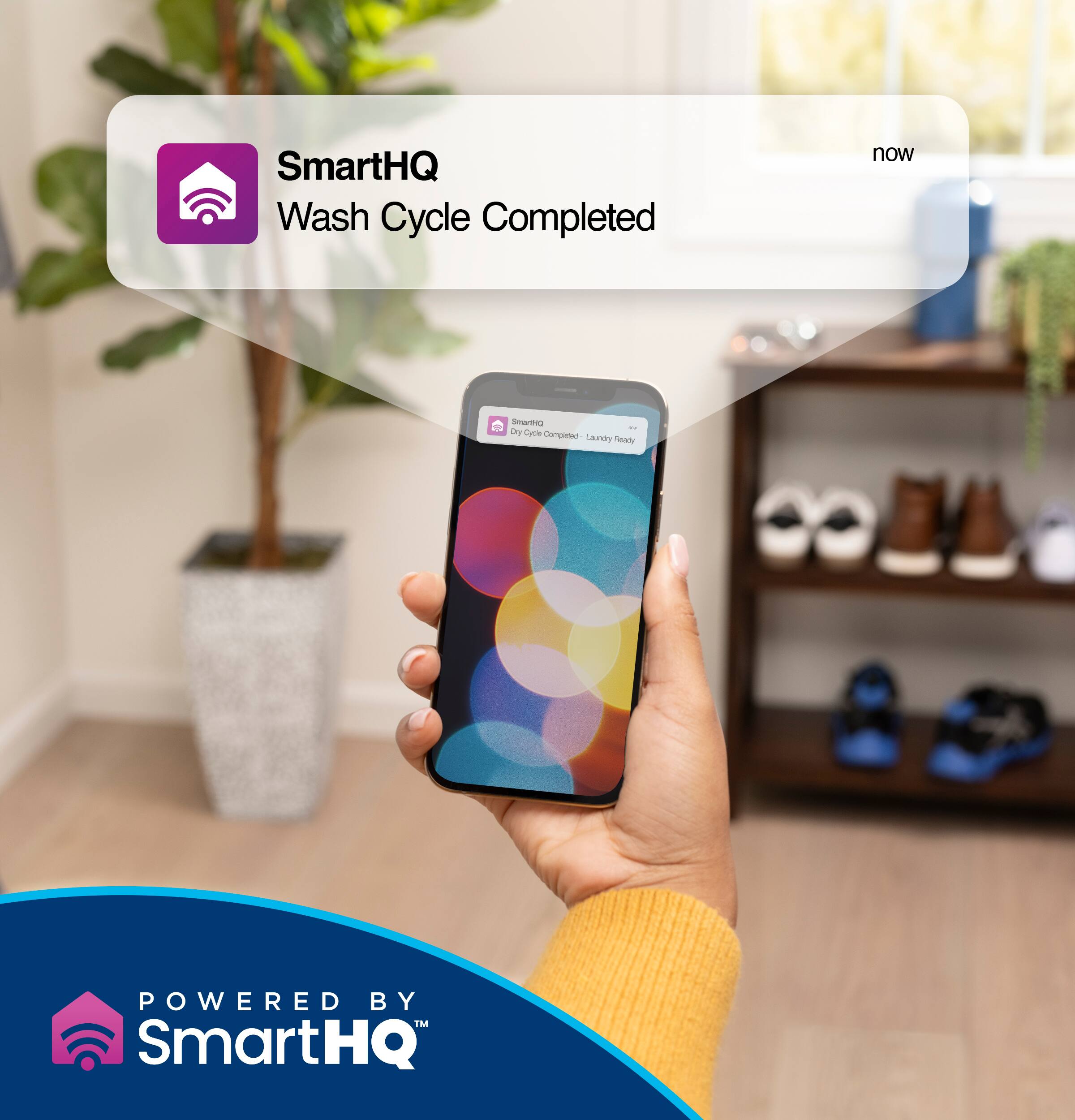 SmartHQ Wash Cycle Completed. Now showing by Cace Conpansc. Lands F. Powered by SmartHQ.