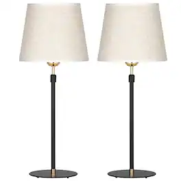 Oumilen - 2-Pack Adjustable Height Table Lamps with Round Iron Bases & Beige Fabric Shades