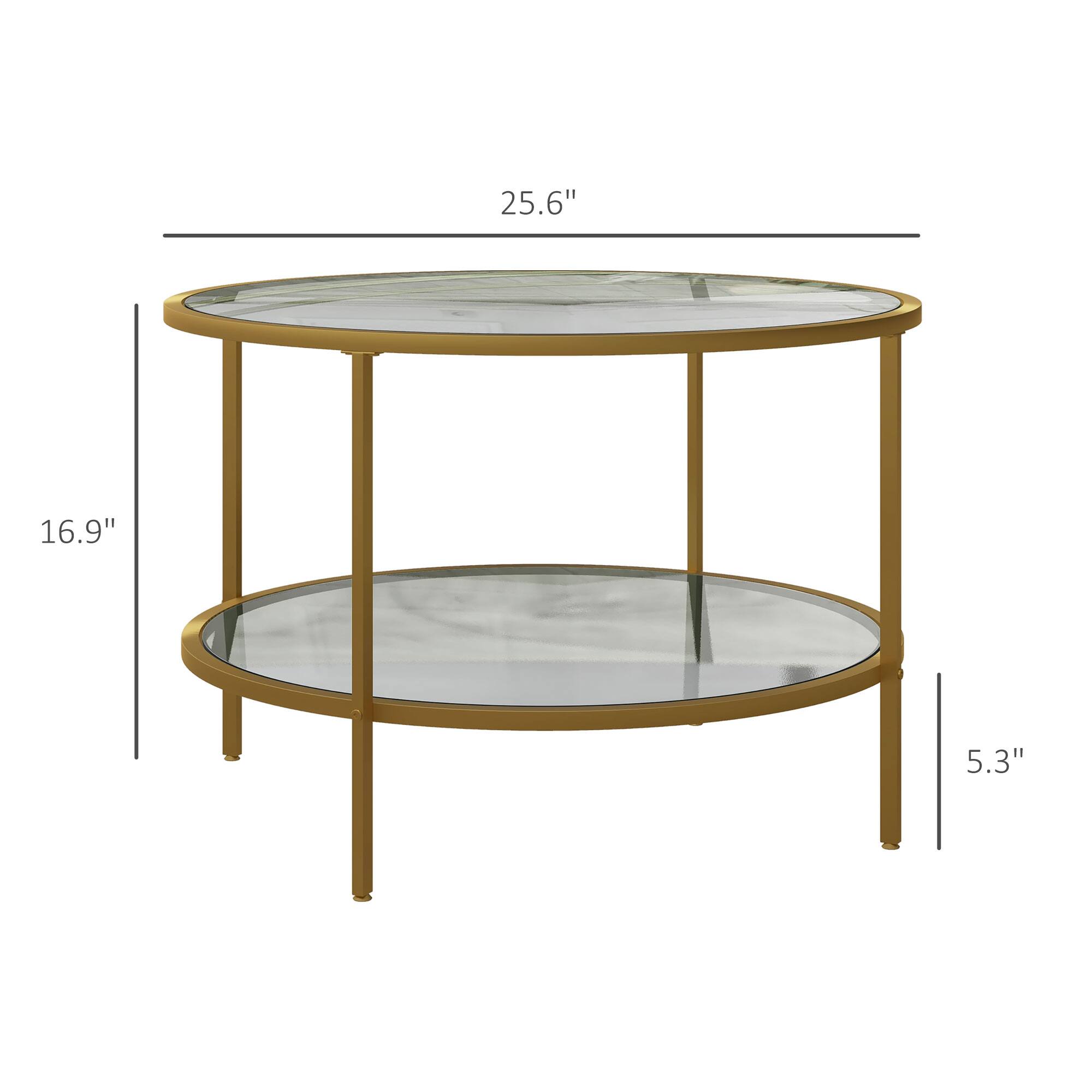 The dimensions of the table are:

- Diameter: 25.6"
- Height: 16.9"
- Shelf depth: 5.3"