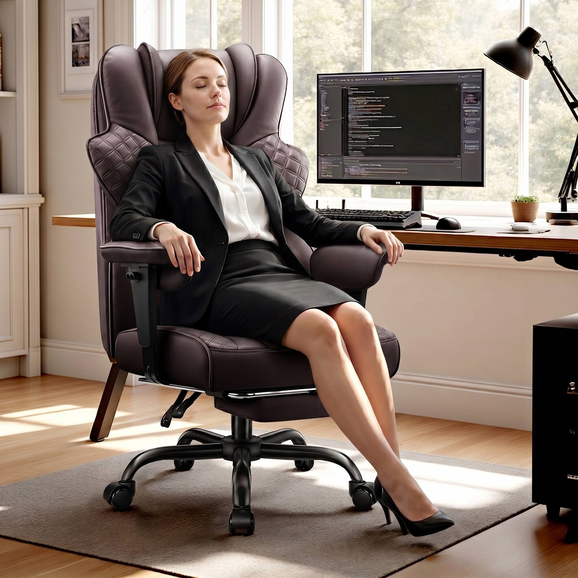 Front. Brick Attic - 500lbs Big&Tall Office Chair,Ergonomic Leather Task Chair with Footrest,  4D Lumbar Support Gaming Chair - Coffee.