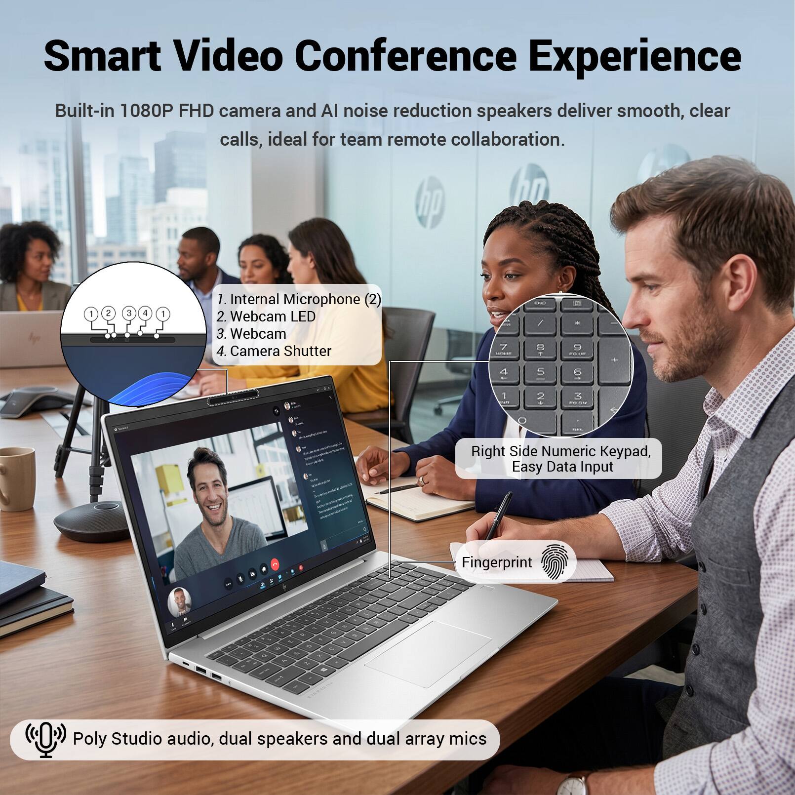 Smart Video Conference Experience  
Built-in 1080P FHD camera and AI noise reduction speakers deliver smooth, clear calls, ideal for team remote collaboration.  

1. Internal Microphone (2)  
2. Webcam LED  
3. Webcam  
4. Camera Shutter  

Right Side Numeric Keypad, Easy Data Input  
Fingerprint  

Poly Studio audio, dual speakers and dual array mics