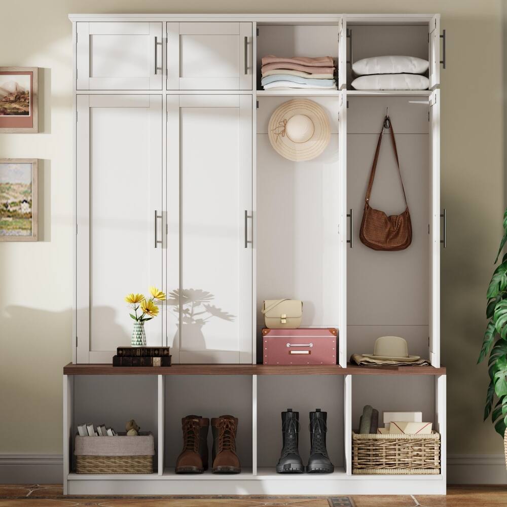 Angle. Loheer - Loheer Farmhouse Hall Tree with Bench, White Entryway Shoe Cabinet, Tall Organizer - White.