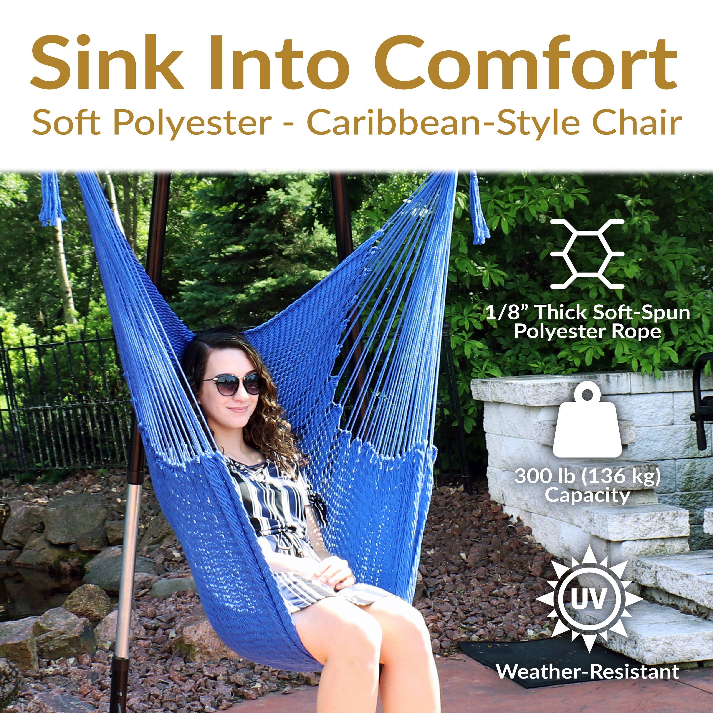 Sink Into Comfort  
Soft Polyester - Caribbean-Style Chair  

1/8" Thick Soft-Spun Polyester Rope  

300 lb (136 kg) Capacity  

UV Weather-Resistant