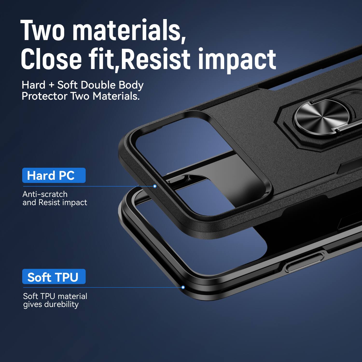 Two materials, Close fit, Resist impact  
Hard + Soft Double Body Protector Two Materials.  
Hard PC  
Anti-scratch and Resist impact  
Soft TPU  
Soft TPU material gives durability