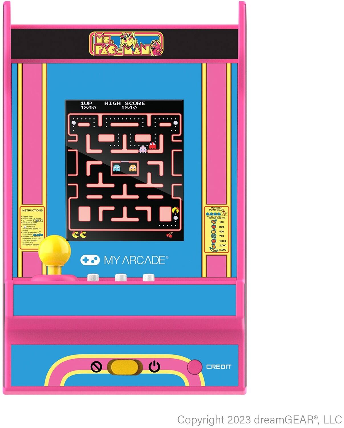 MS. PAC-MAN

1UP 1840  
HIGH SCORE 1840

INSTRUCTIONS  
1. INSERT COIN  
2. MOVE JOYSTICK TO MOVE PAC-MAN  
3. EAT ALL THE DOTS IN THE MAZE  
4. EAT THE POWER PELLETS TO EAT THE GHOSTS  
5. EAT THE FRUIT FOR EXTRA POINTS  
6. EAT THE GHOSTS TO SCORE POINTS  
7. EAT THE FRUIT TO SCORE EXTRA POINTS  
8. EAT THE FRUIT TO SCORE EXTRA POINTS  
9. EAT THE FRUIT TO SCORE EXTRA POINTS  
10. EAT THE FRUIT TO SCORE EXTRA POINTS  
11. EAT THE FRUIT TO SCORE EXTRA POINTS  
12. EAT THE FRUIT TO SCORE EXTRA POINTS  
13. EAT THE FRUIT TO SCORE EXTRA POINTS  
14. EAT THE FRUIT TO SCORE EXTRA POINTS  
15. EAT THE FRUIT TO SCORE EXTRA POINTS  
16. EAT THE FRUIT TO SCORE EXTRA POINTS  
17. EAT THE FRUIT TO SCORE EXTRA POINTS  
18. EAT THE FR