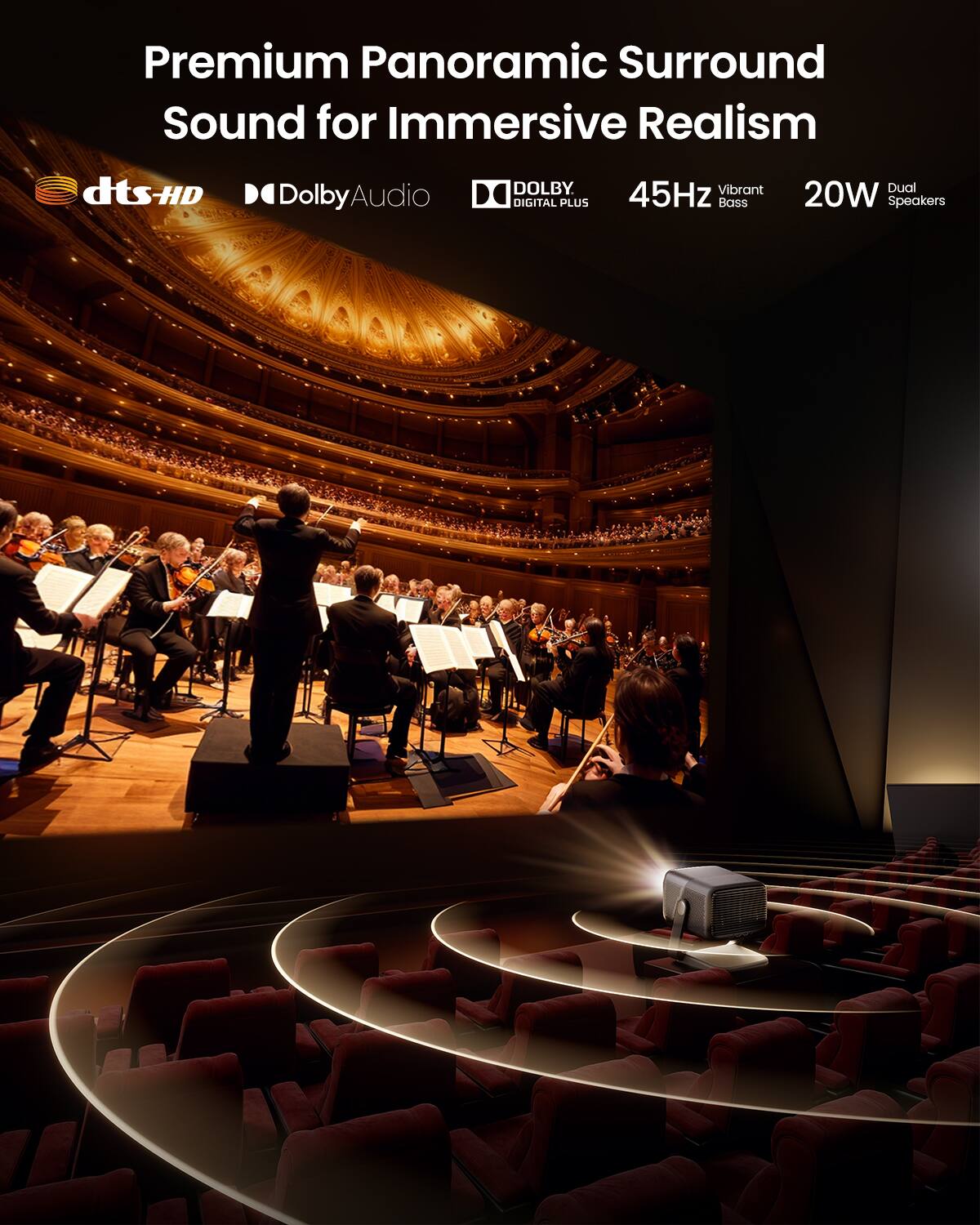 Premium Panoramic Surround Sound for Immersive Realism

dts-HD  
Dolby Audio  
DOLBY DIGITAL PLUS  

45Hz Vibrant Bass  
20W Dual Speakers