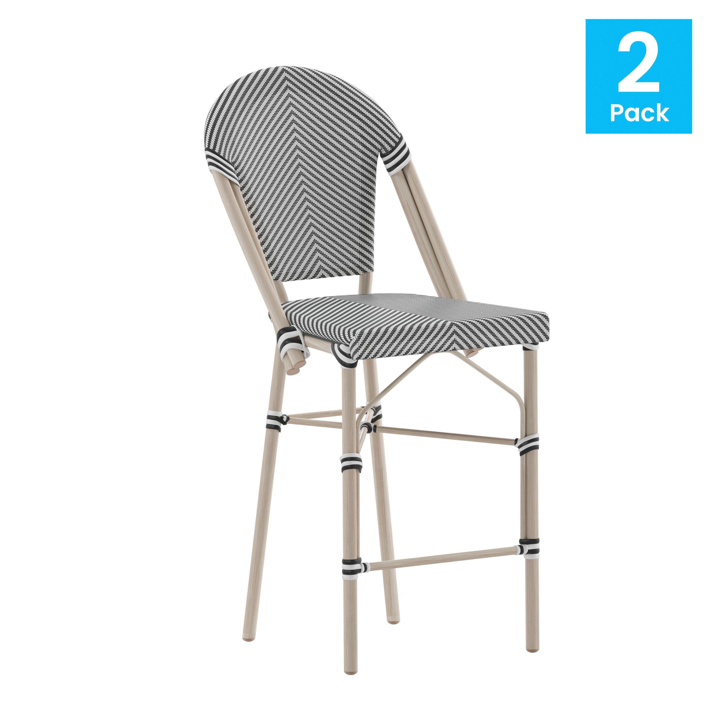 Alt View 1. Emma + Oliver - Massalia Indoor/Outdoor Bistro Style Counter Stools with Textilene Seat and Metal Frame - Black & White/Light Natural Frame.
