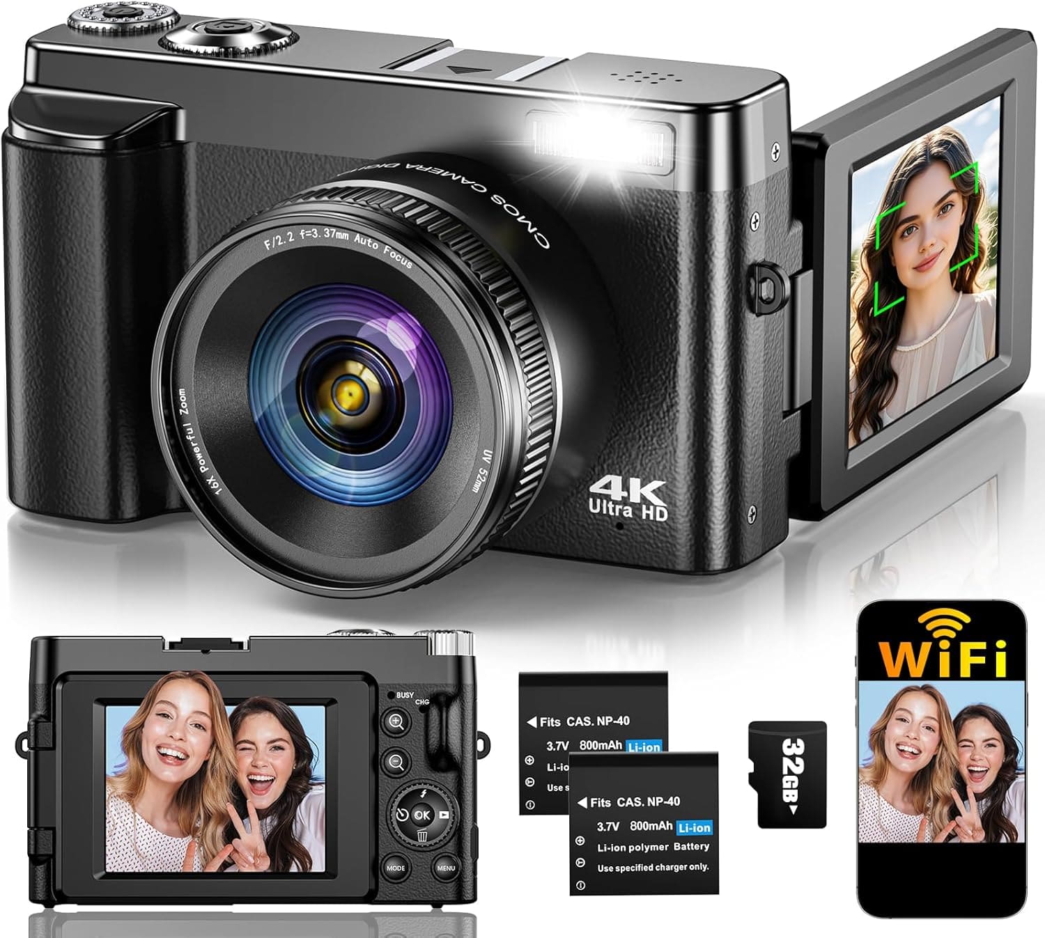 ACJPR - 4K Digital Camera, 64MP, 16X Zoom, 180° Flip Screen, WiFi (Black)