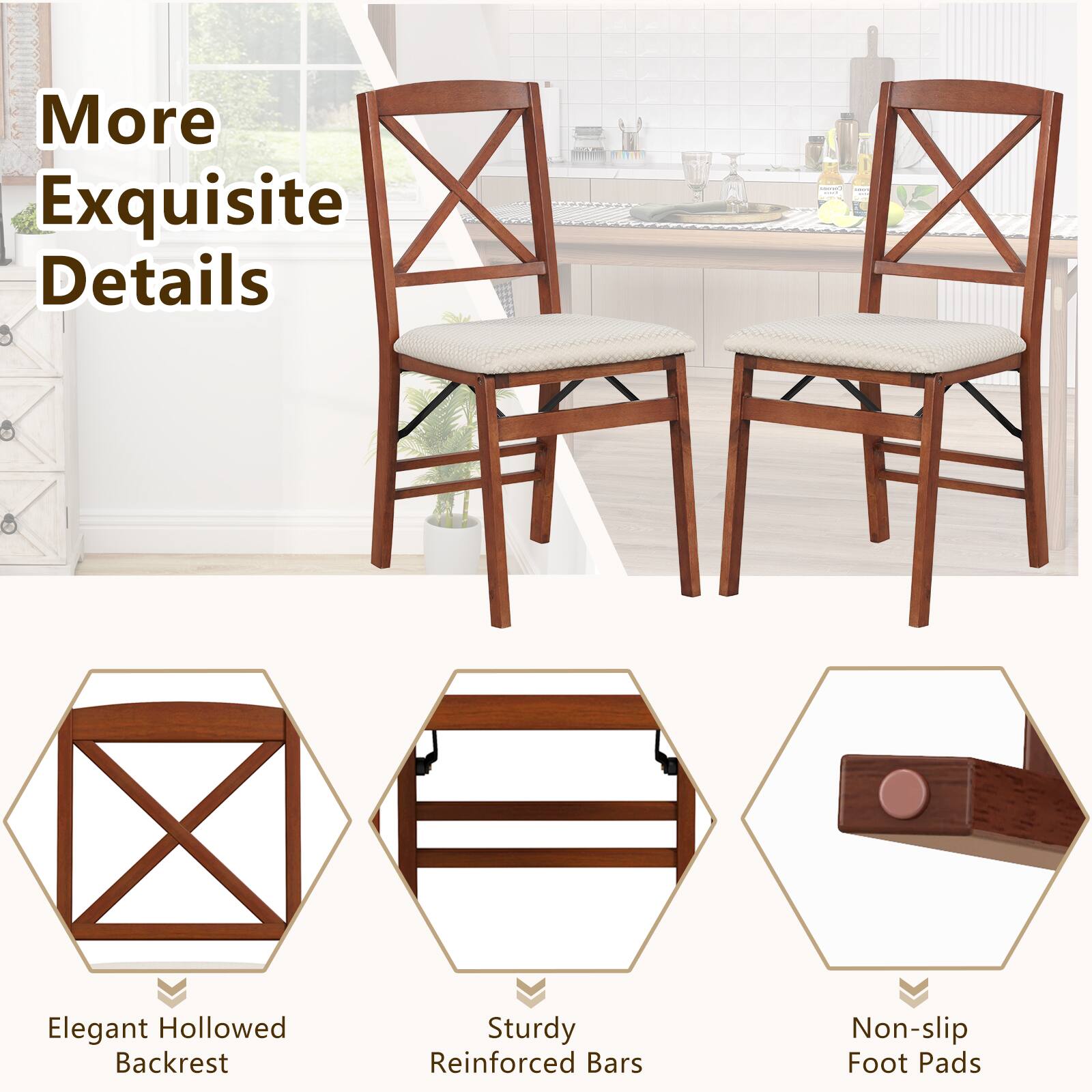 More Exquisite Details: Elegant Hollowed Backrest, Sturdy Reinforced Bars, Non-slip Foot Pads