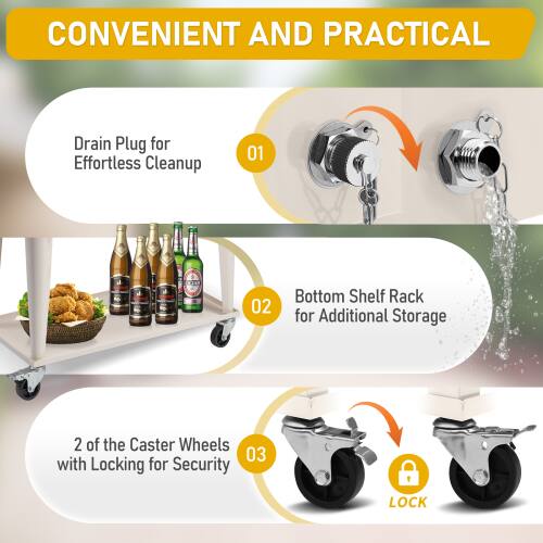 CONVENIENT AND PRACTICAL

01
Drain Plug for Effortless Cleanup

02
Bottom Shelf Rack for Additional Storage

03
2 of the Caster Wheels with Locking for Security