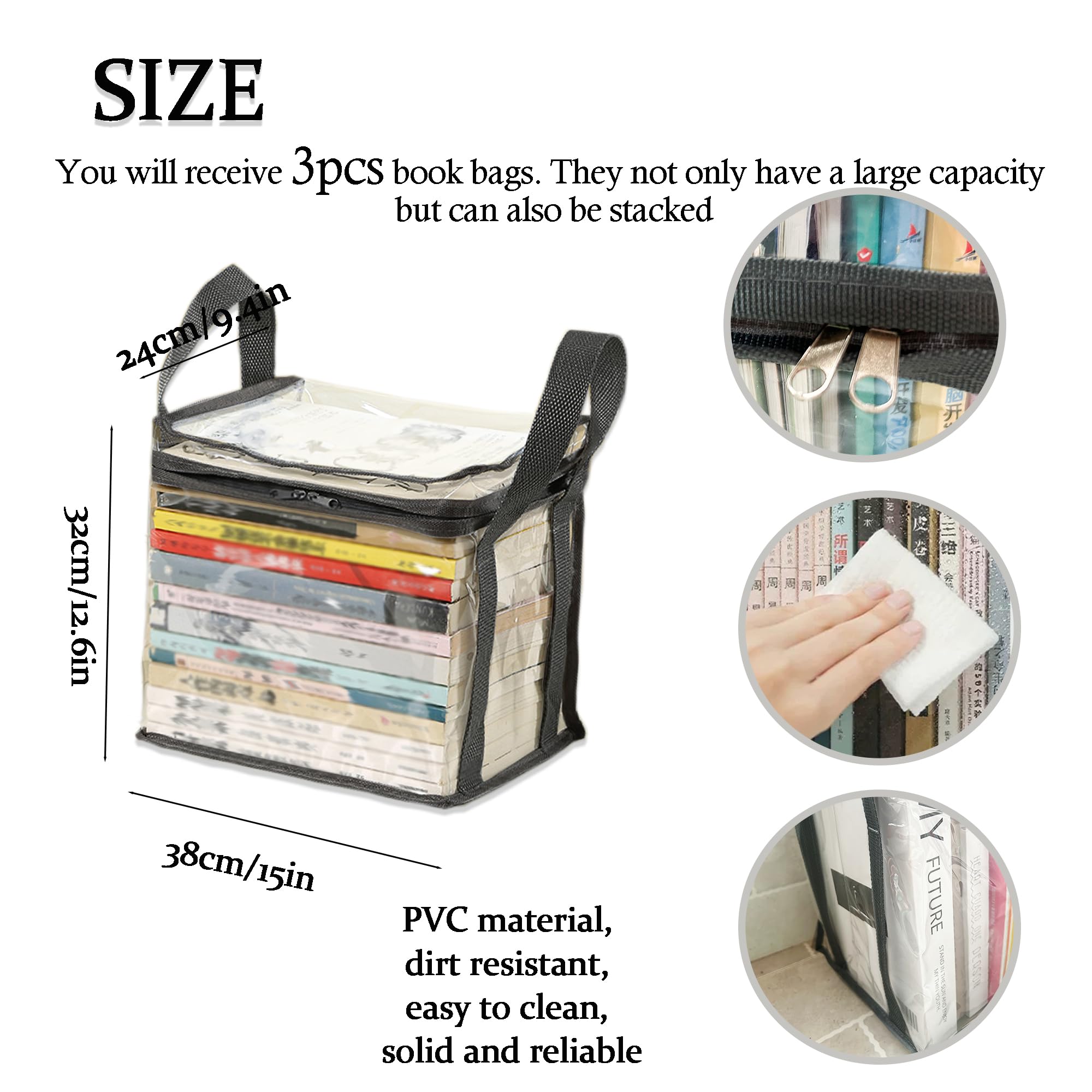 **SIZE**

You will receive 3pcs book bags. They not only have a large capacity but can also be stacked.

- 24cm/9.4in
- 32cm/12.6in
- 38cm/15in

PVC material, dirt resistant, easy to clean, solid and reliable.