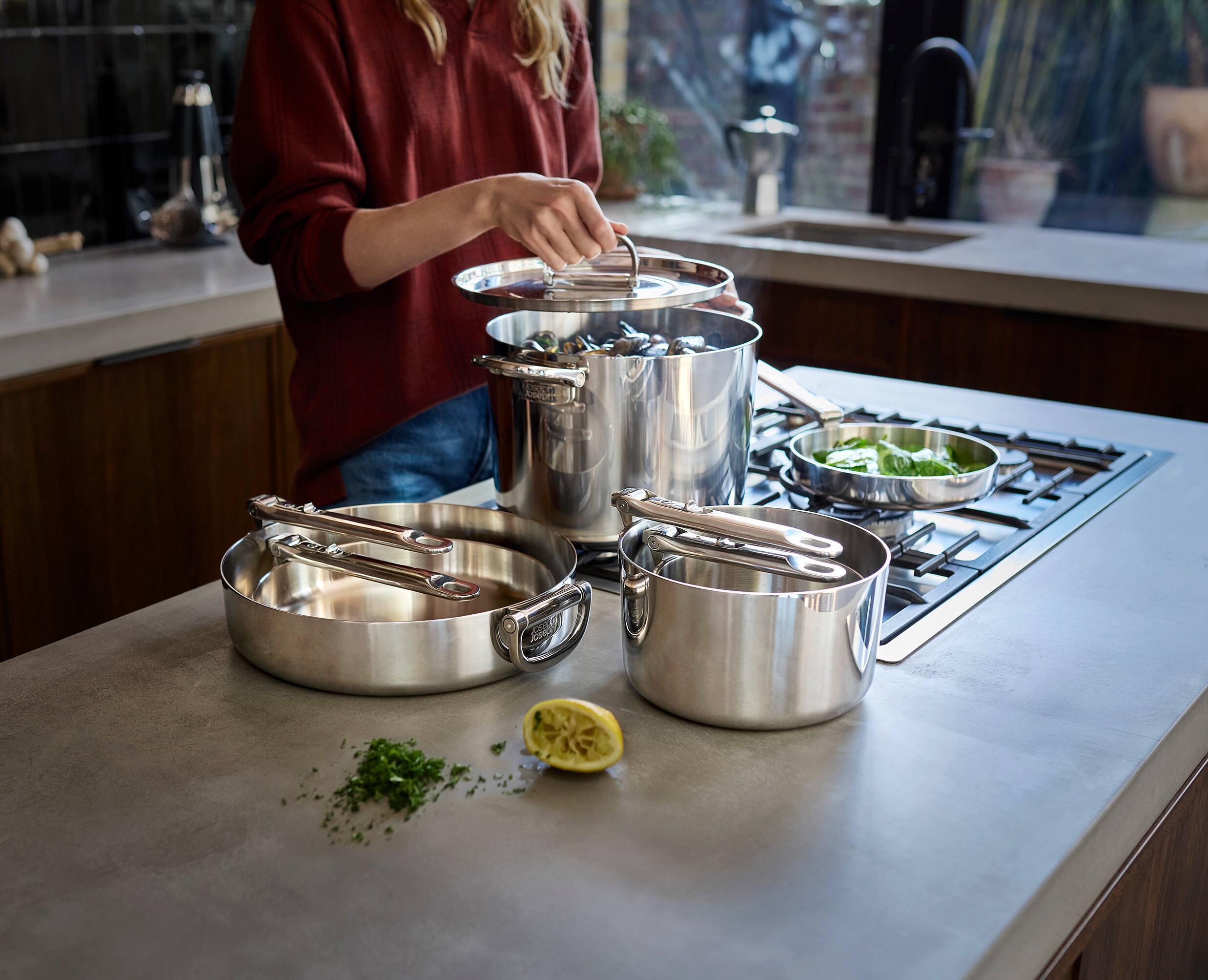 Alt View 2. Joseph Joseph - Space Steel 10-piece Stainless Steel Cookware Set with Folding Handles - Stainless Steel.