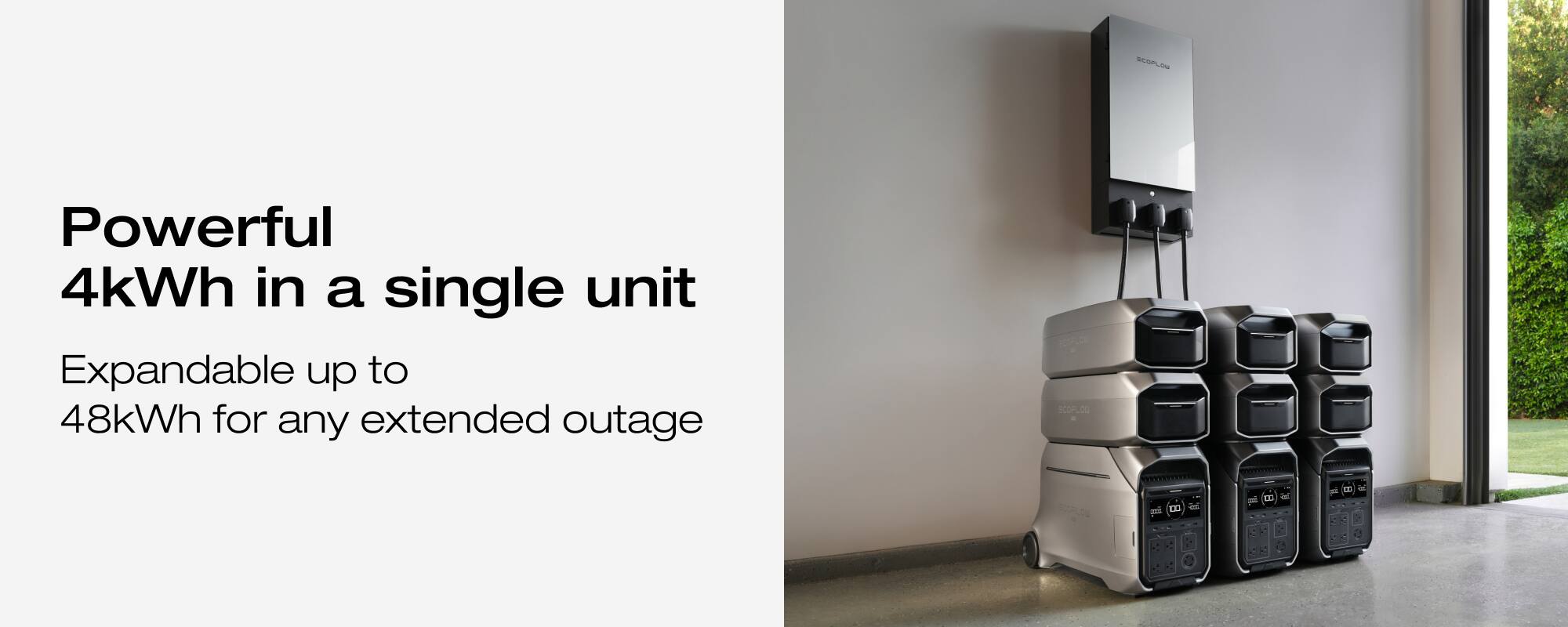 The text on the image reads: "Powerful 4kWh in a single unit. Expandable up to 48kWh for any extended outage."