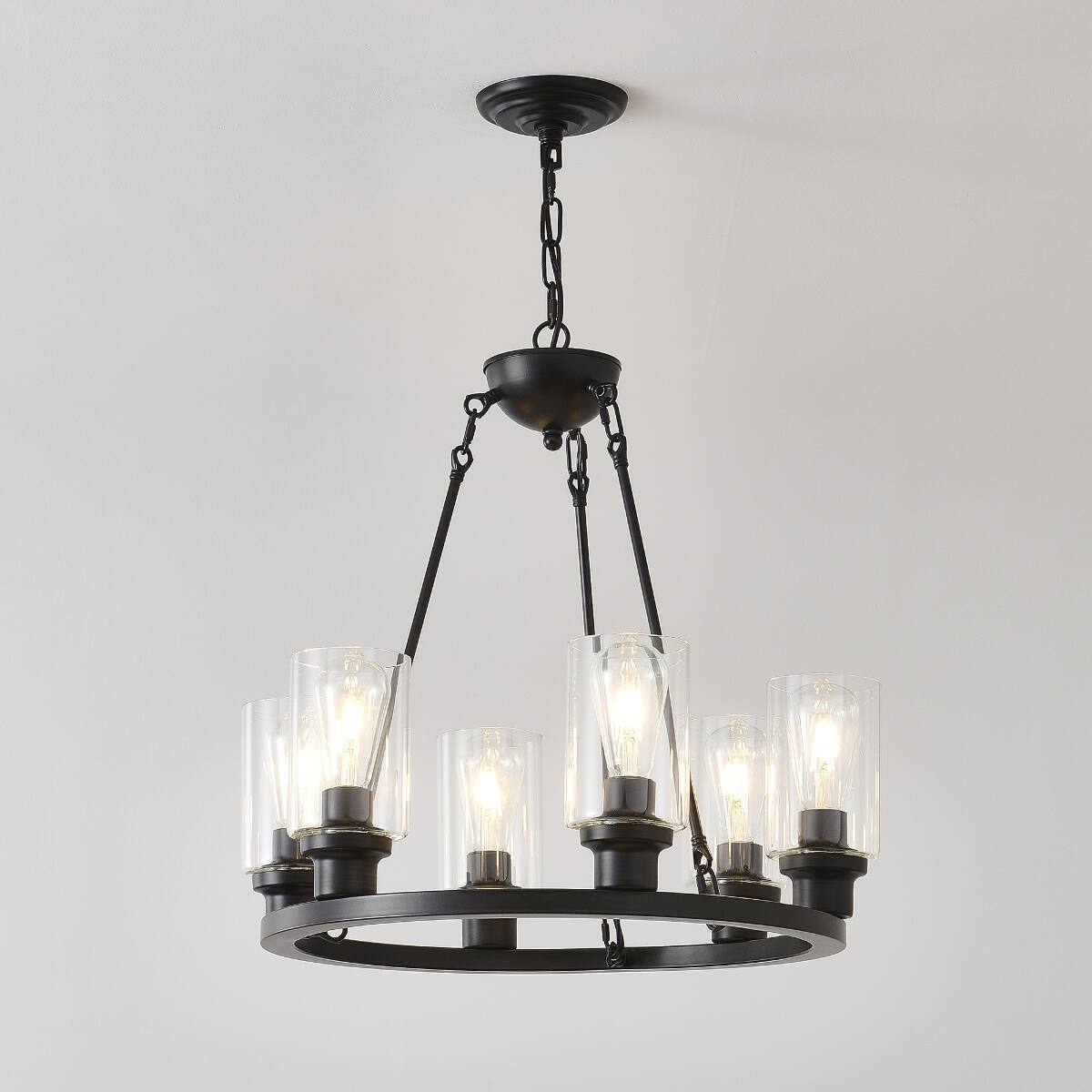Alt View 2. Loheer - Loheer Six Light Wagon Wheel Chandelier Matte Black Farmhouse Ceiling Light with Seeded Glass and E26 Sockets.