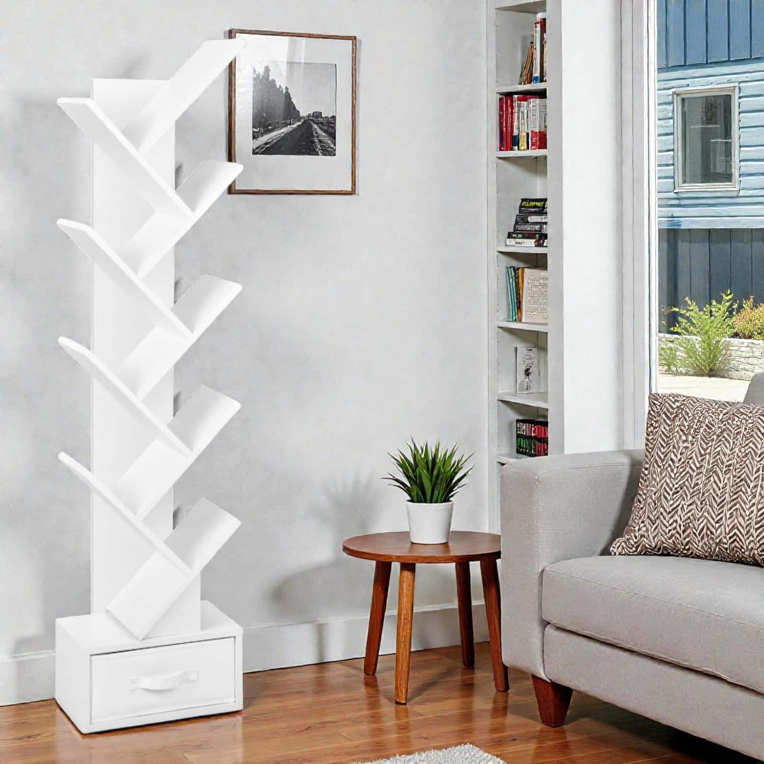 Hivvago - Contemporary 10-Shelf Storage Bookcase with Drawer for Home or Office - White
