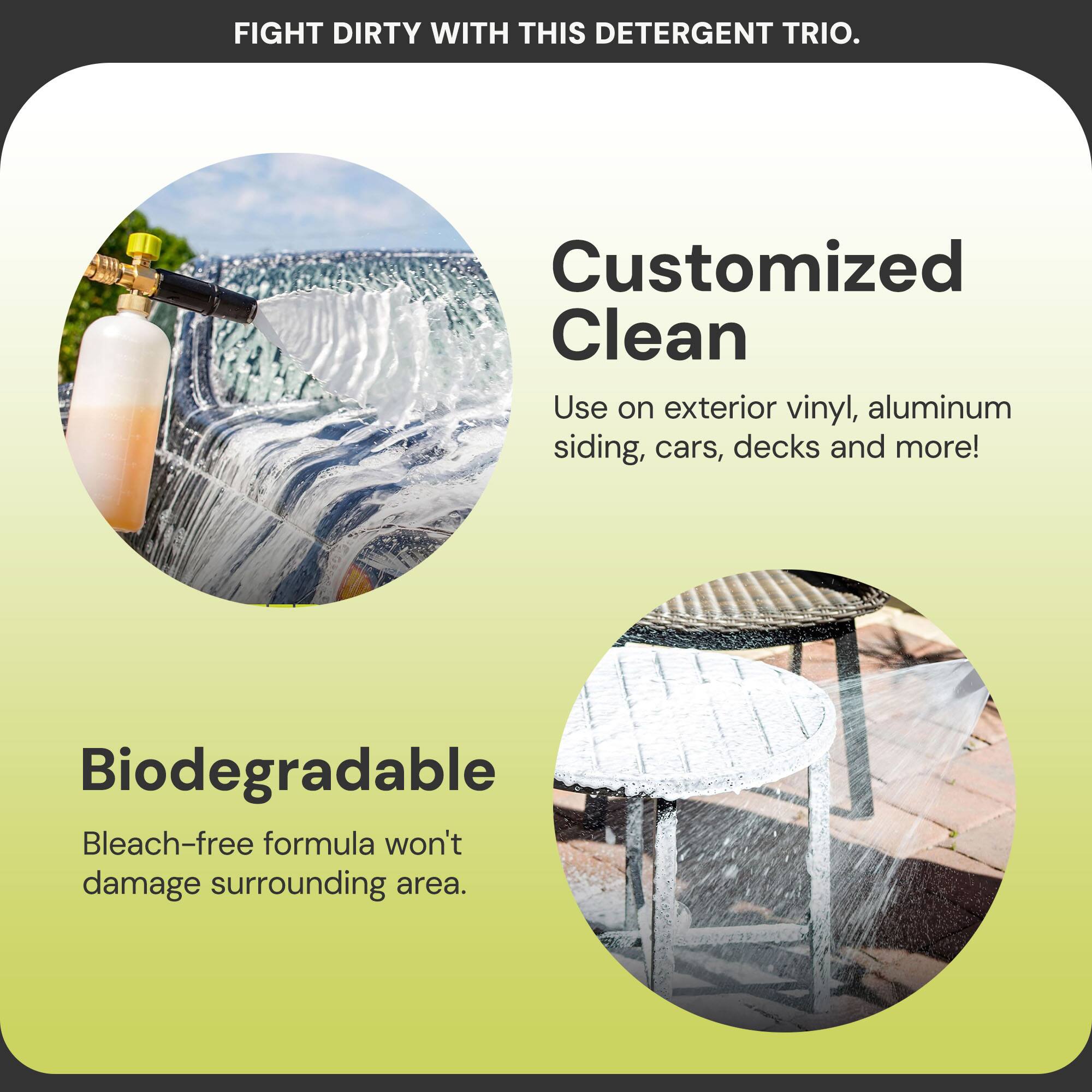 FIGHT DIRTY WITH THIS DETERGENT TRIO.

Customized Clean  
Use on exterior vinyl, aluminum siding, cars, decks and more!

Biodegradable  
Bleach-free formula won't damage surrounding area.