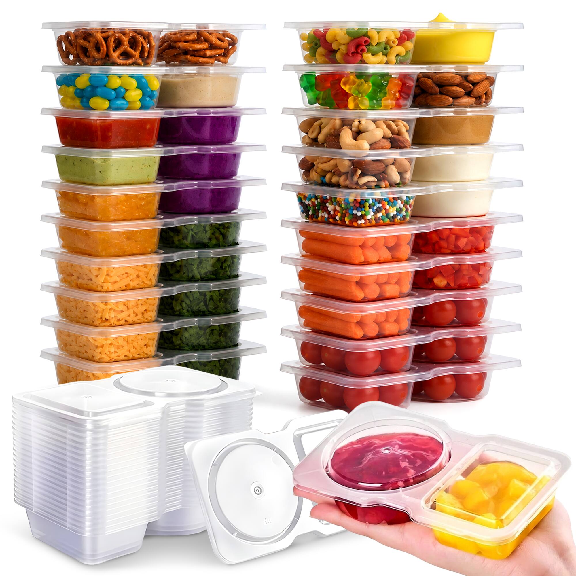 Front. Cheer Collection - Reusable 2-Compartment Snack Containers with Snap-On Lids, 4.5 oz, Pack of 20 - Clear.