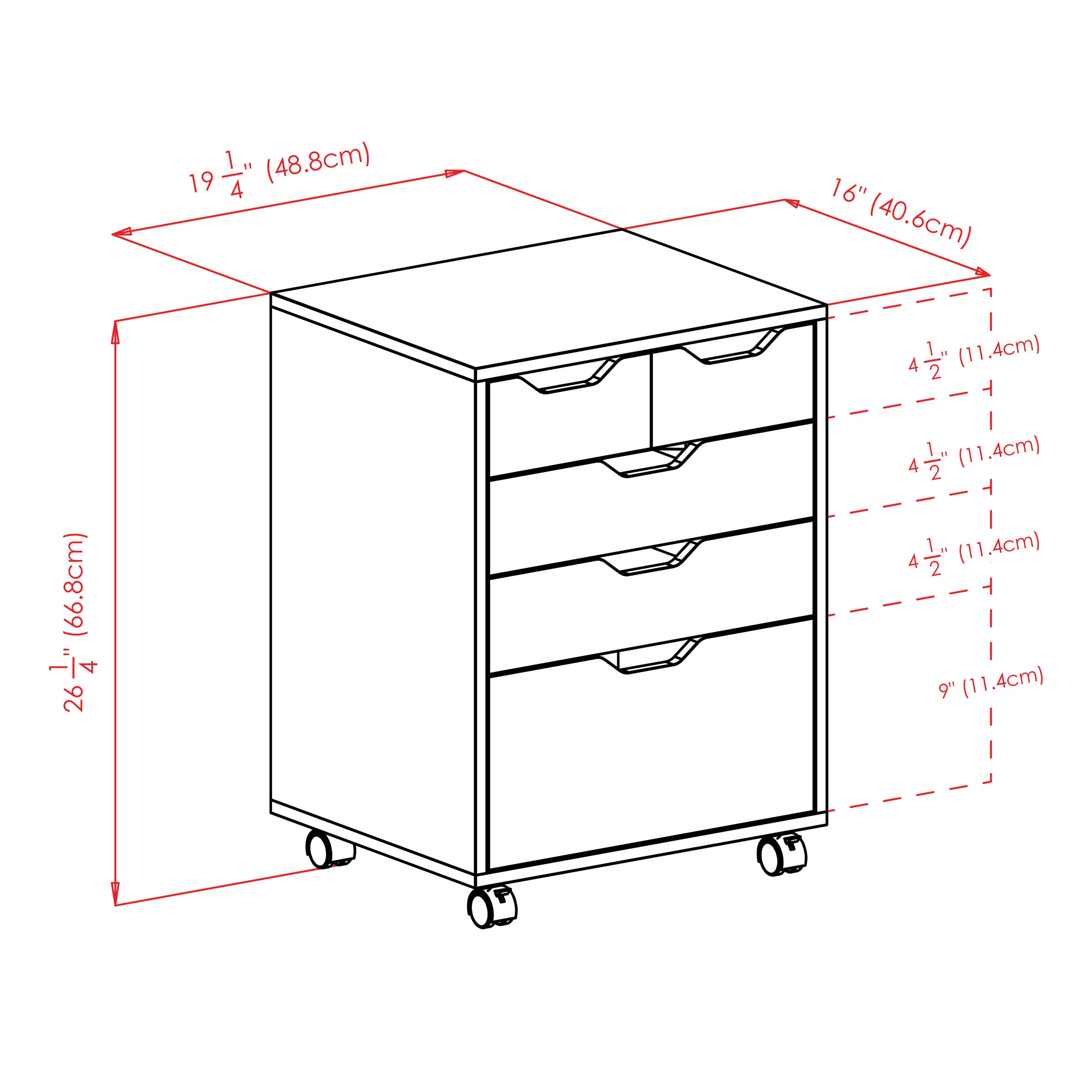 19 1/4" (48.8cm)  
16" (40.6cm)  
26 1/4" (66.8cm)  
4 1/2" (11.4cm)  
4 1/2" (11.4cm)  
4 1/2" (11.4cm)  
9" (11.4cm)