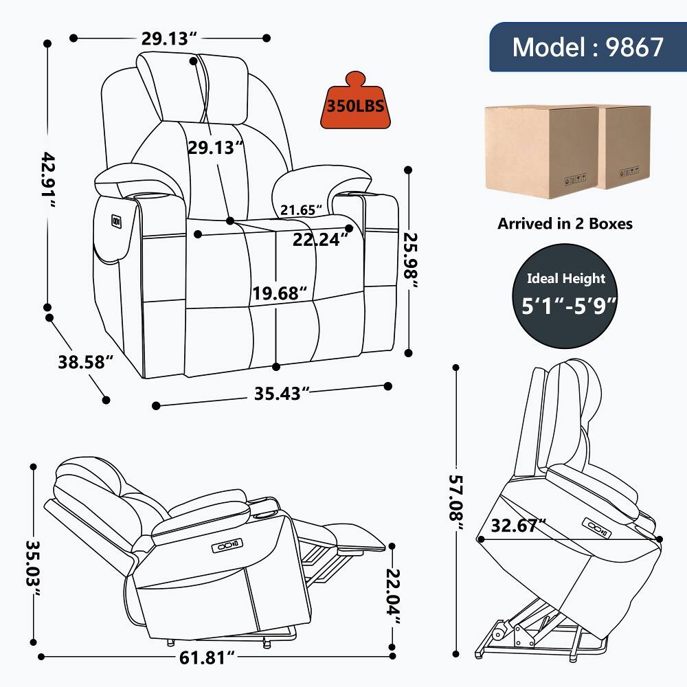 Model: 9867

29.13"  
42.91"  
38.58"  
350LBS  
29.13"  
21.65"  
22.24"  
19.68"  
25.98"  
Arrived in 2 Boxes  
Ideal Height 5'1"-5'9"  
35.43"  
35.03"  
61.81"  
22.04"  
57.08"  
32.67"