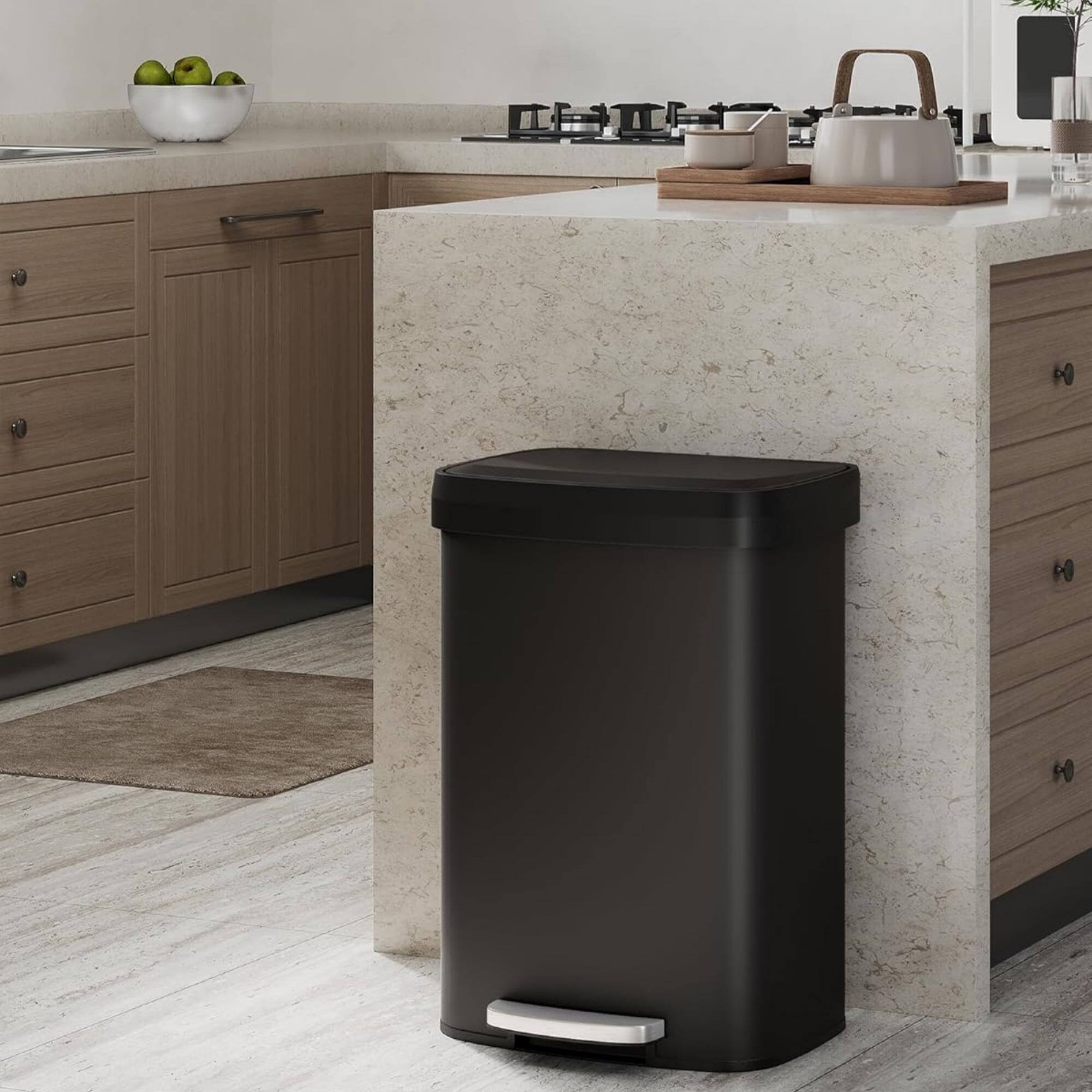 Back. Homhougo - 50L Step-on Trash Can for Kitchen, with Liner Rim and Soft Close Plastic Lid, Stylish and Functional, Black Color - Black.