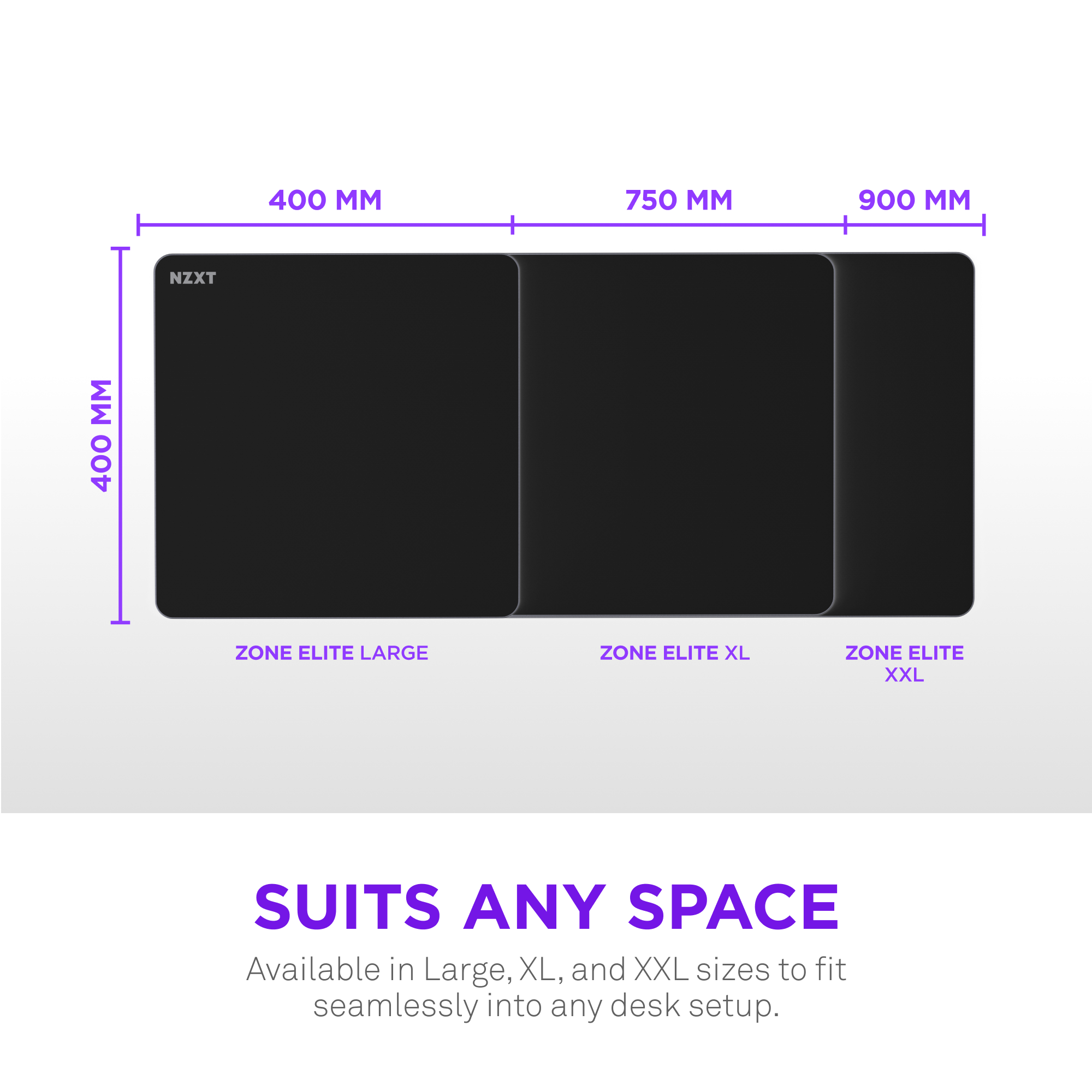 The text on the image reads: "400 MM 750 MM 900 MM NZXT MM 400 ZONE ELITE LARGE ZONE ELITE XL ZONE ELITE XXL SUITS ANY SPACE Available in Large, XL, and XXL sizes to fit seamlessly into any desk setup."